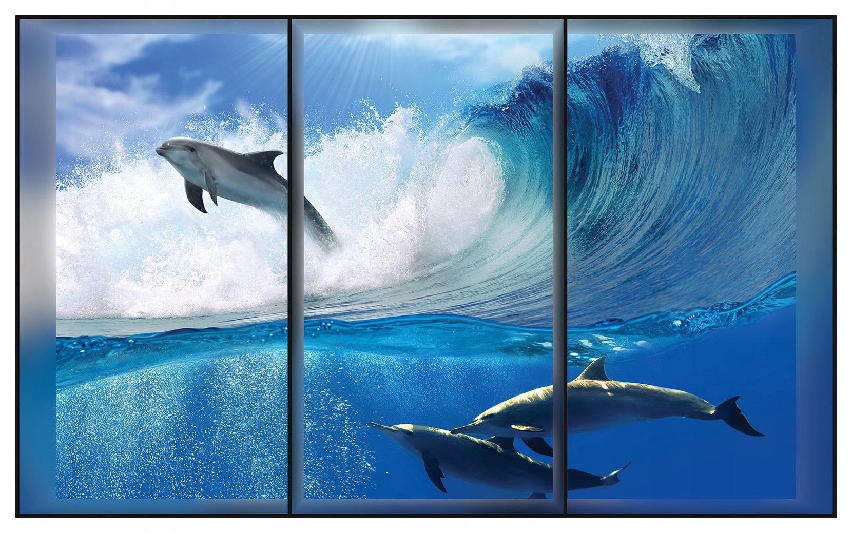 Fototapeta flizelina Delfíni vlny a slunce v oceánu modrém 200x140 lepidlo