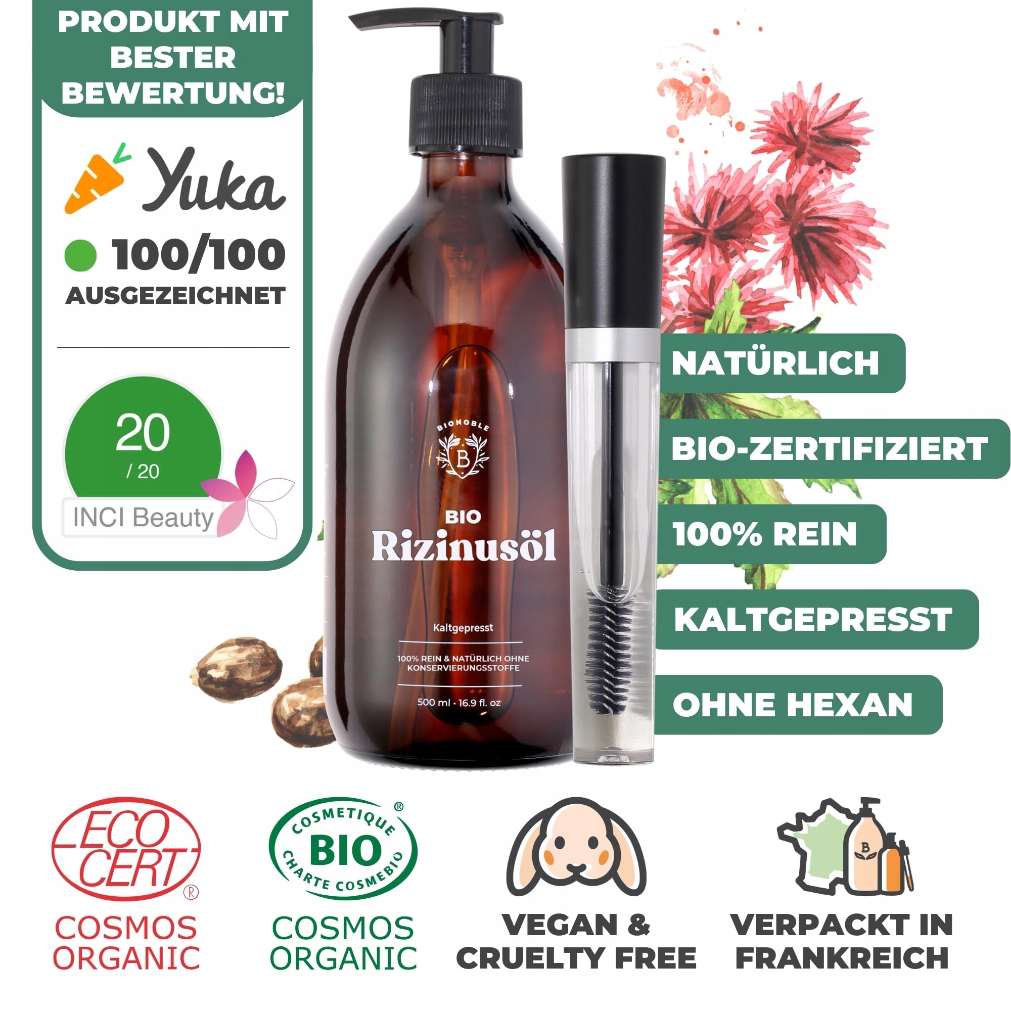 BIONOBLE Olej Rycynowy Bio 500ml Naturalny Do Włosów Brwi Rzęs Paznokci — miniatura 2