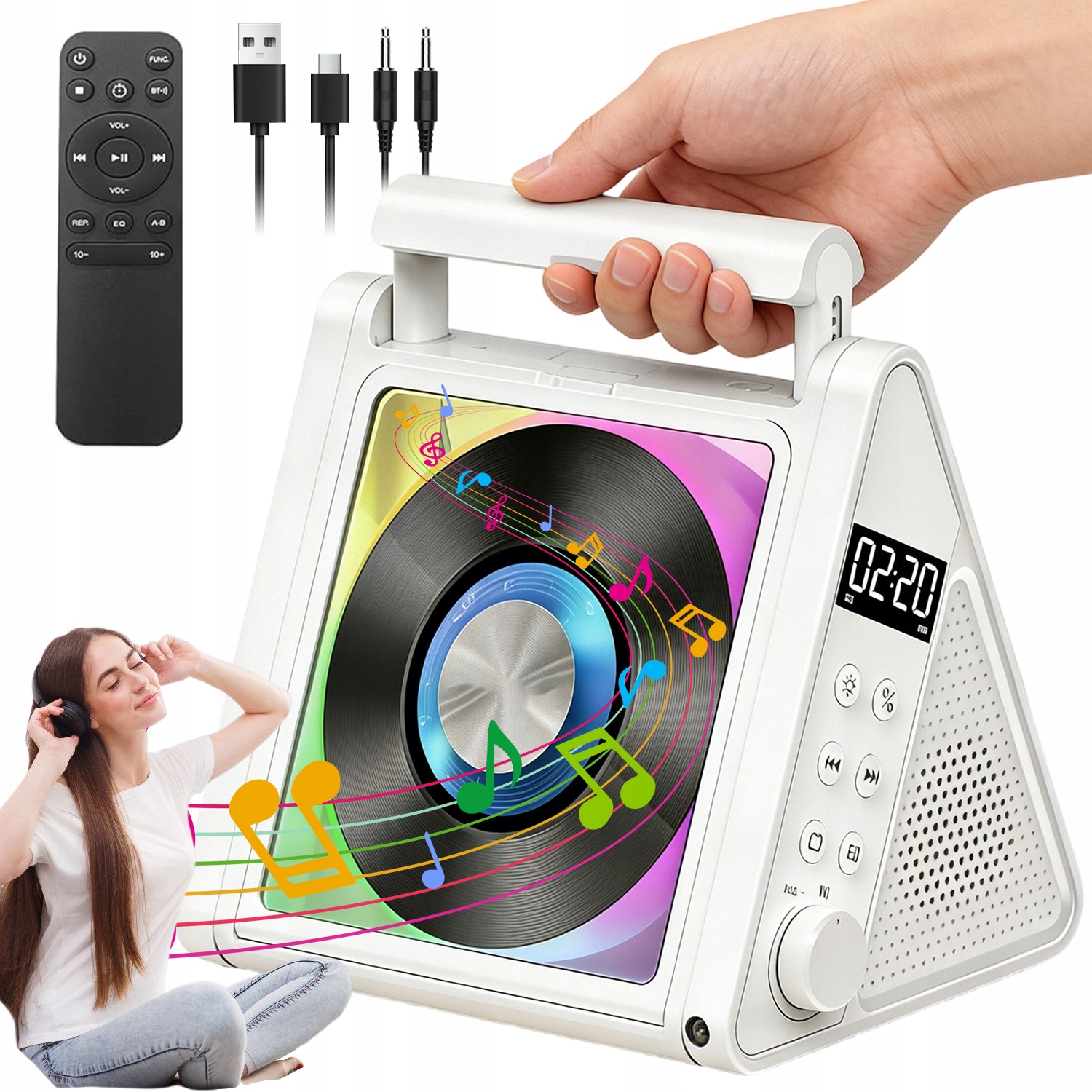 Přenosný CD Přehrávač Bluetooth Rádio Usb Reproduktor Fm S Dálkovým Ovládáním, Bílý