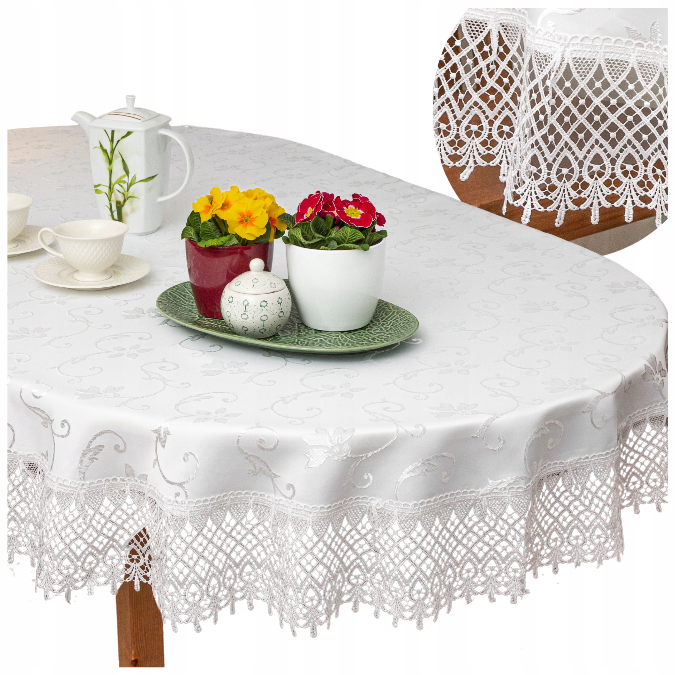 Obrus Owalny na stół Biały plamoodporny Gipiura koronka 140x200 owal duży
