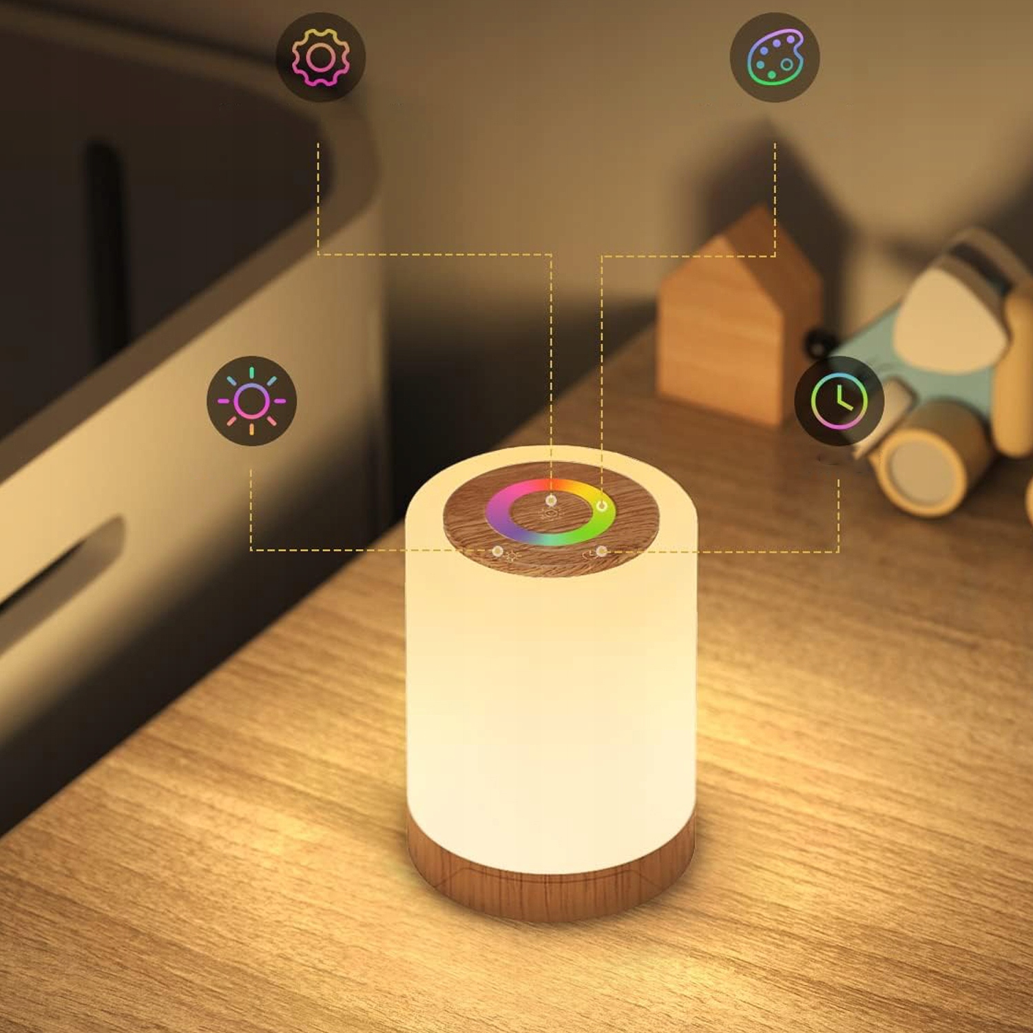 LAMPKA NOCNA LED DOTYKOWA ŚCIEMNIANA BEZPRZEWODOWA ŁADOWANA 10 KOLORÓW USB Długość/wysokość 12 cm