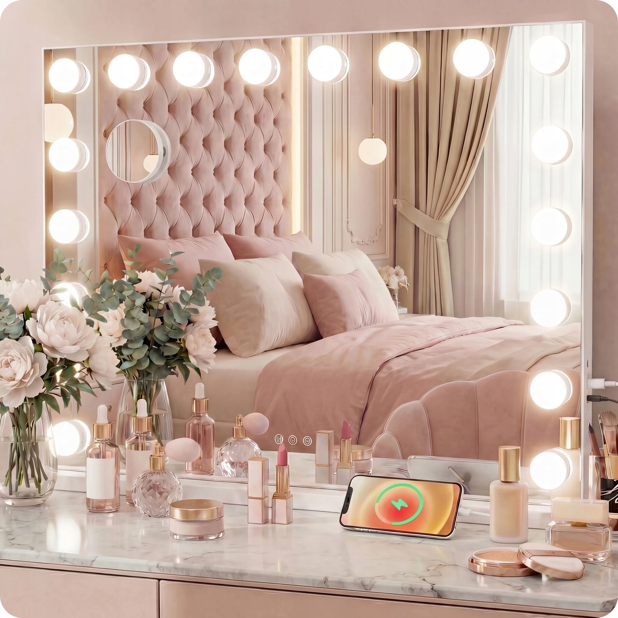Zrcadlo Hollywood 58x48 pro líčení 3 barvy Led reproduktor Bluetooth stojící