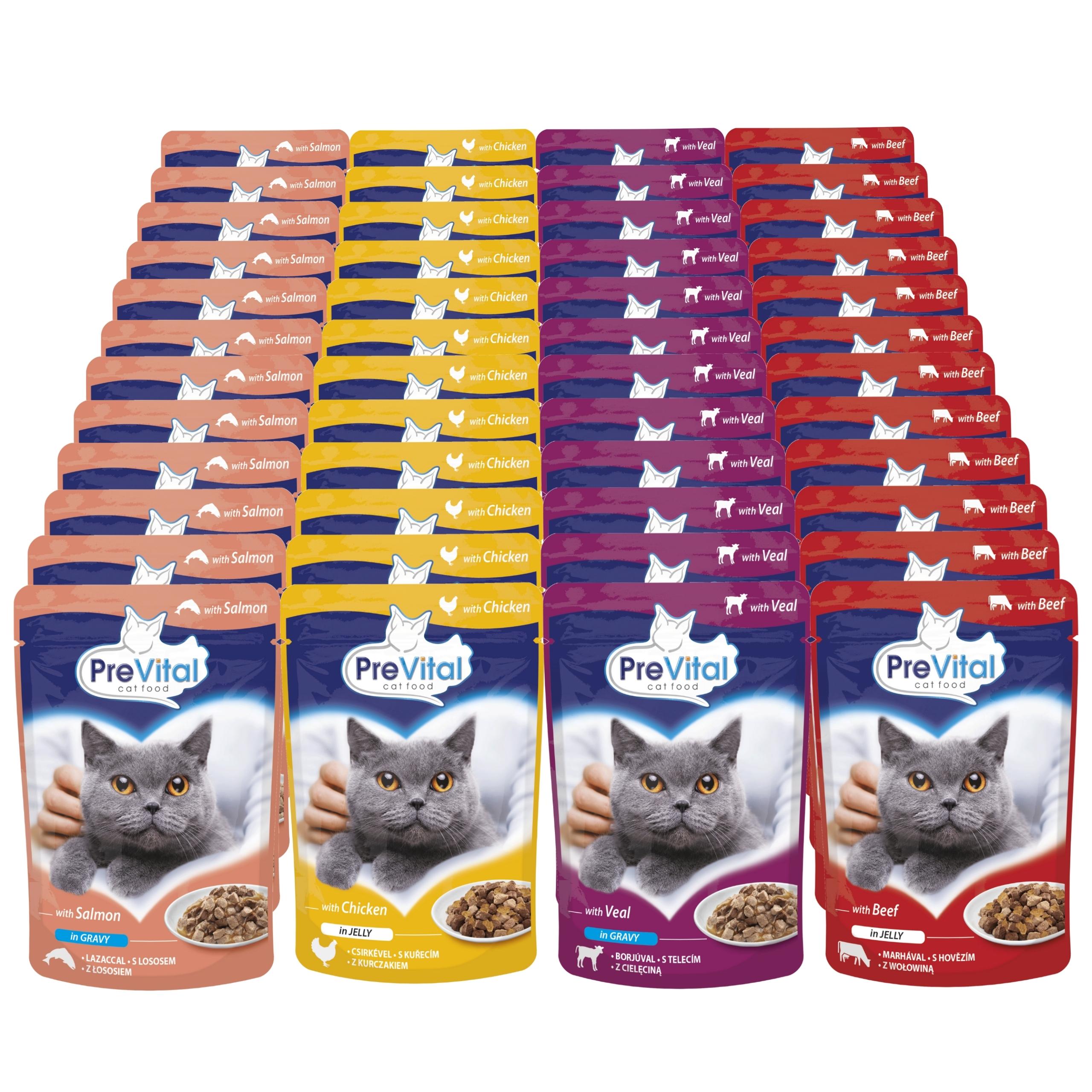 Mokré Krmivo Pro Kočky MIX Chutí příchutí, omáčka, Želé sáčky 4x12x100g Prevital