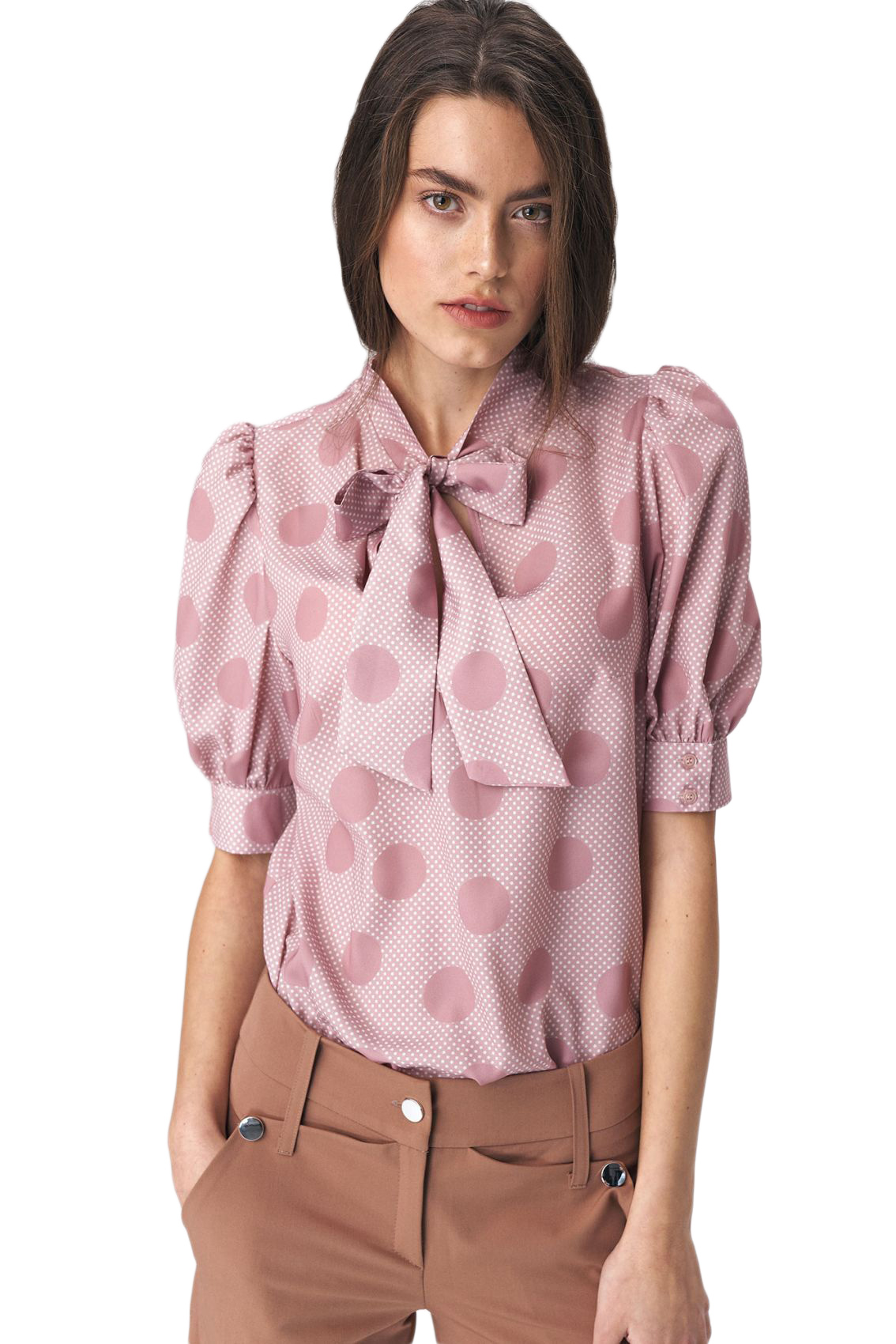 

Różowa bluzka z wiązaniem w grochy - B111 Xs (34)