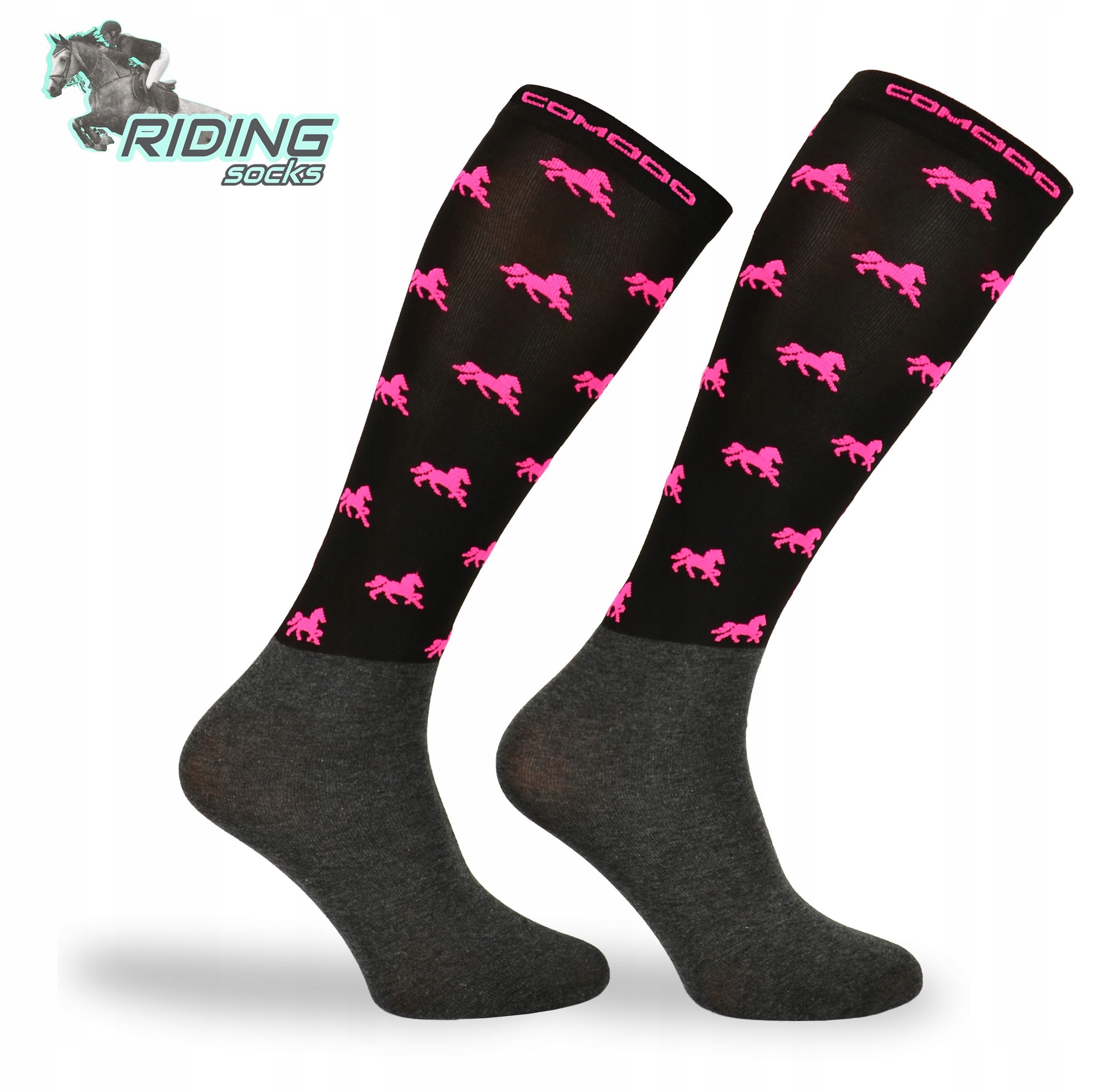 Podkolanówki jeździeckie z mikrofibry czarne konie Marka Comodo