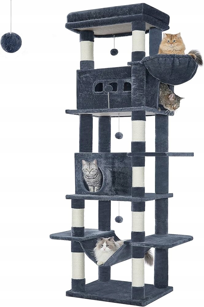 Levně Víceúrovňový Vysoký Škrabadlo, Domeček pro kočky 210 cm Tmavě šedý
