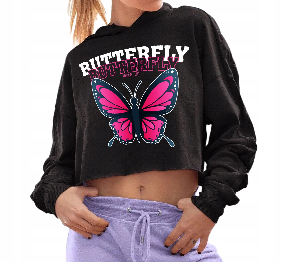 Černá Mikina Dámská Cropped S Kapucí Butterfly Wake Up Zajímavé vzory L