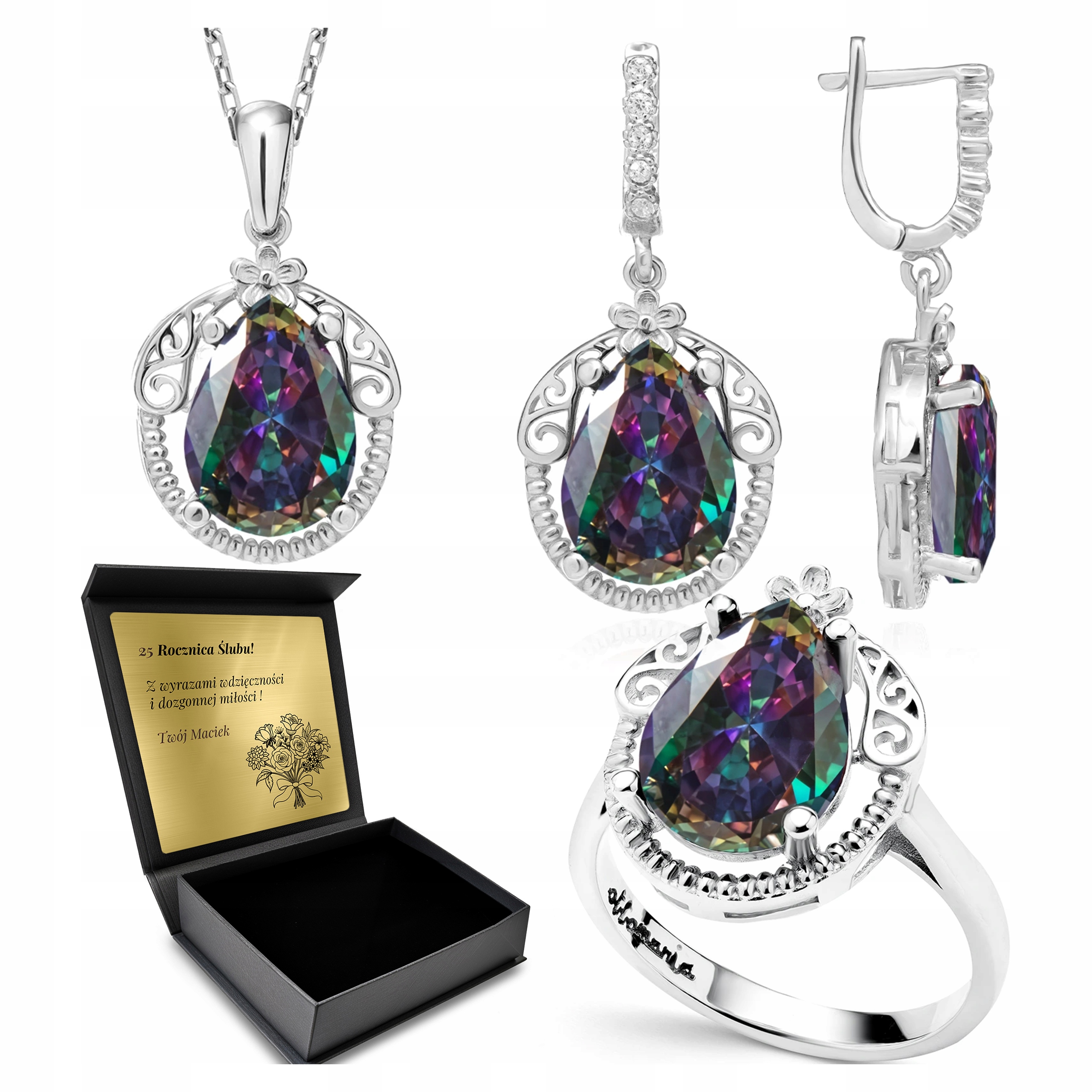 Komplet Stříbrných Šperků 925 Topaz Dárek pro ženu Gravírování Bonus
