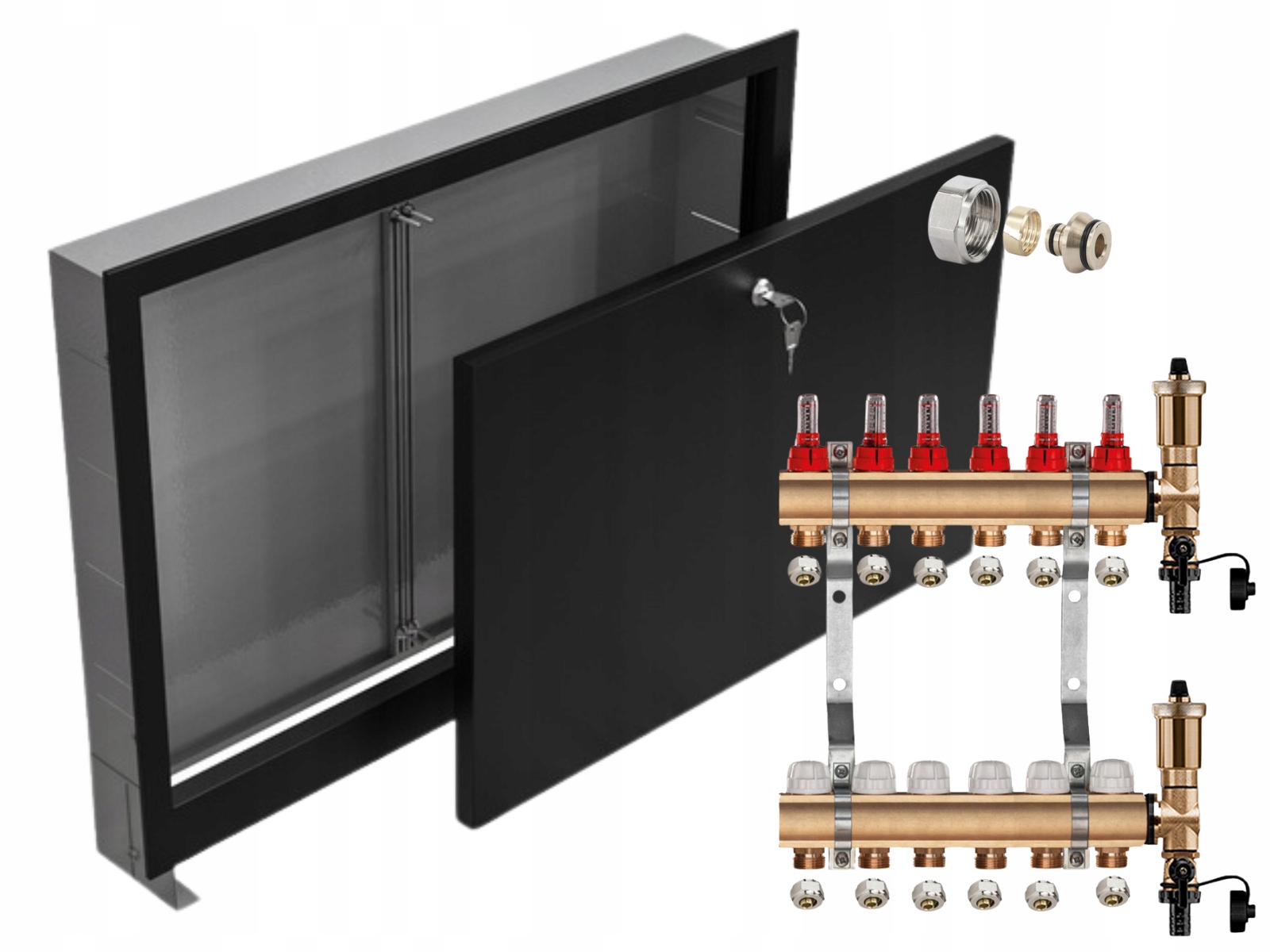 Mosazný Rozdělovač 6 Sekcí Pex Konektory Podomítková Skříňka Černá