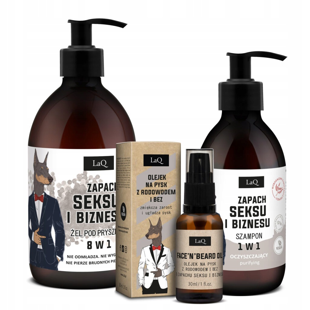 Laq Sada Doberman vůně Sexu a Podnikání gel 500 ml, šampon 300 ml, olej