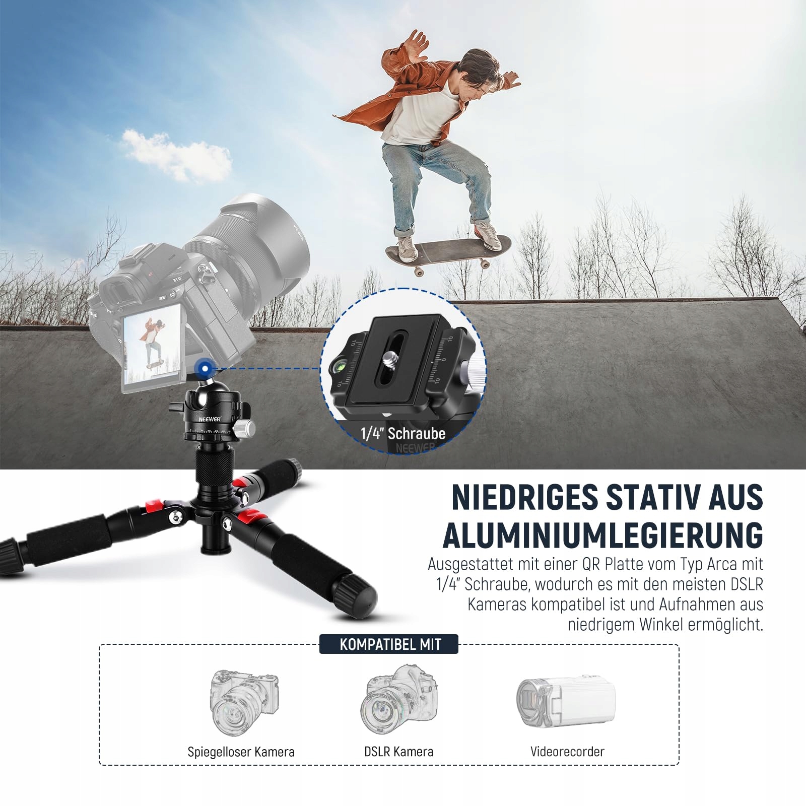 NEEWER Mini Statyw Kamera 360° Głowica Aluminiowy 50cm DSLR Camcorder — miniatura 2