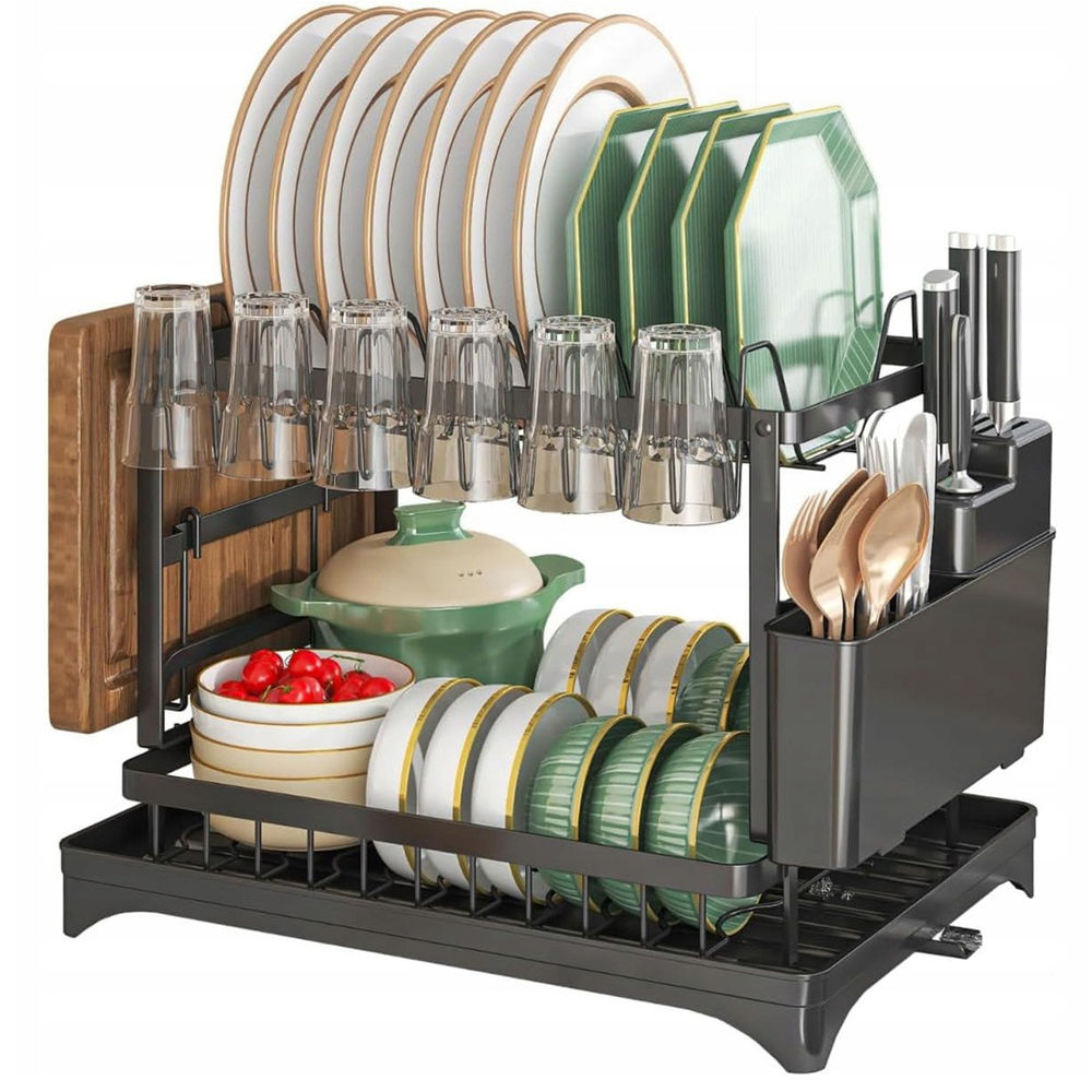 Levně Sušička Odkapávač Na Nádobí Dvouúrovňová Stojící Závěsná S Odtokem Černá