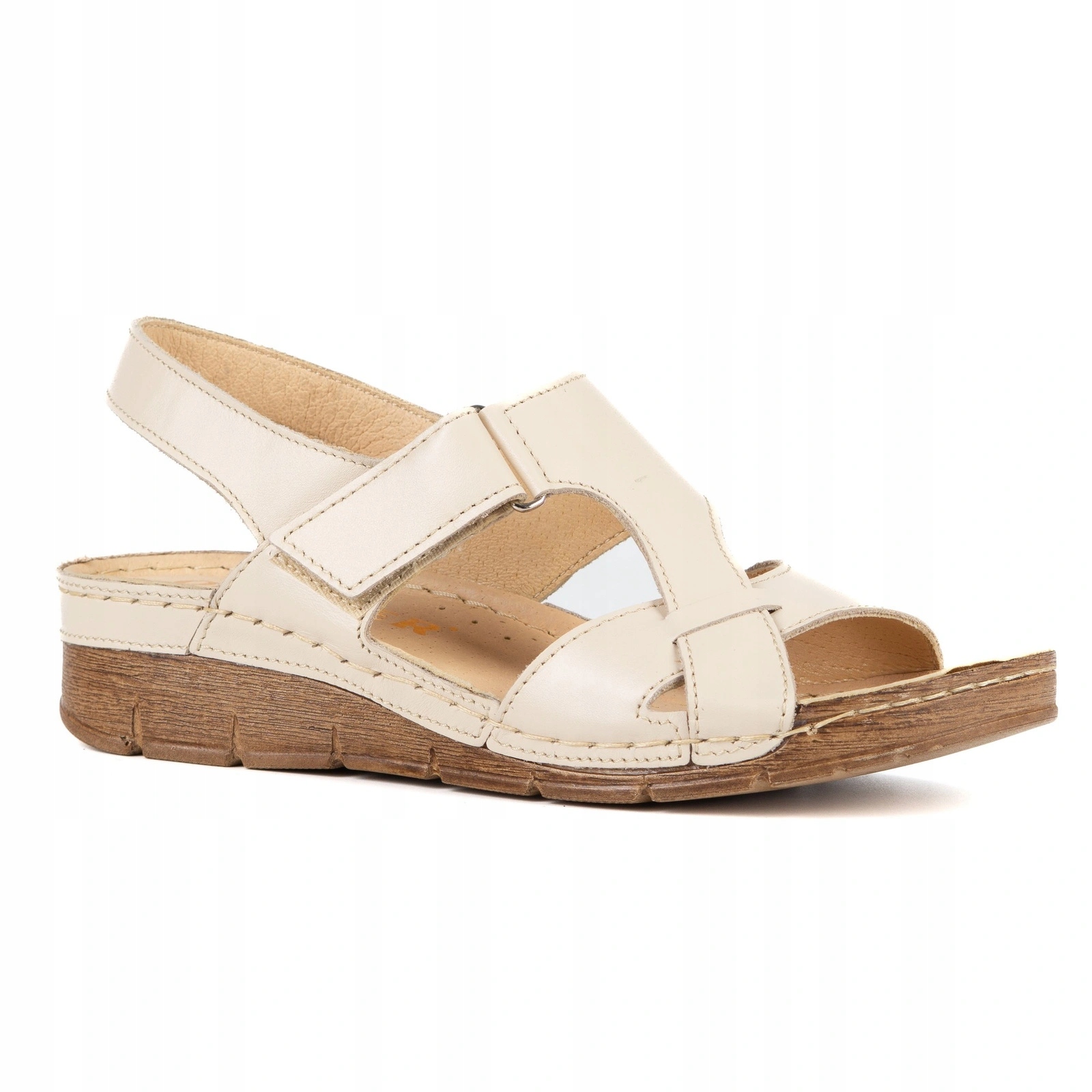 Sandały damskie skórzane na koturnie Olivier Maris 908STL na rzep beżowe 38