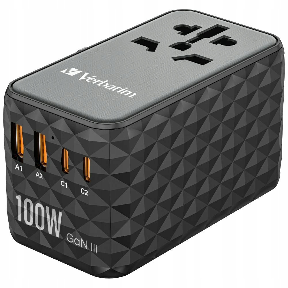 Verbatim Cestovní adaptér Eu/uk/us GaN2xUSB-A/2xUSB-C Pd 100W UTA-06 černý