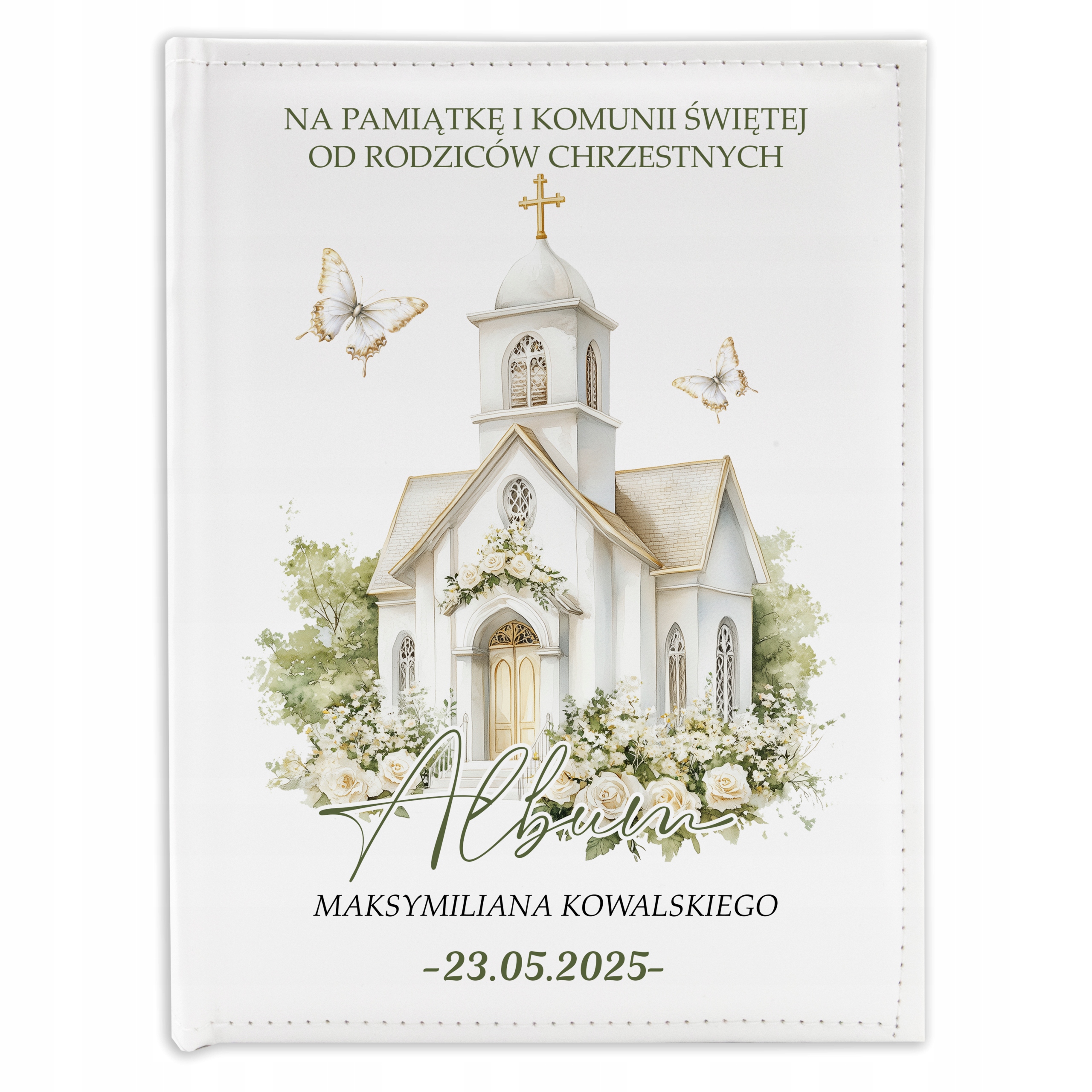 ALBUM PREZENT OD RODZICÓW CHRZESTNYCH PAMIĄTKA KOMUNII ŚWIĘTEJ IMIĘ DATA