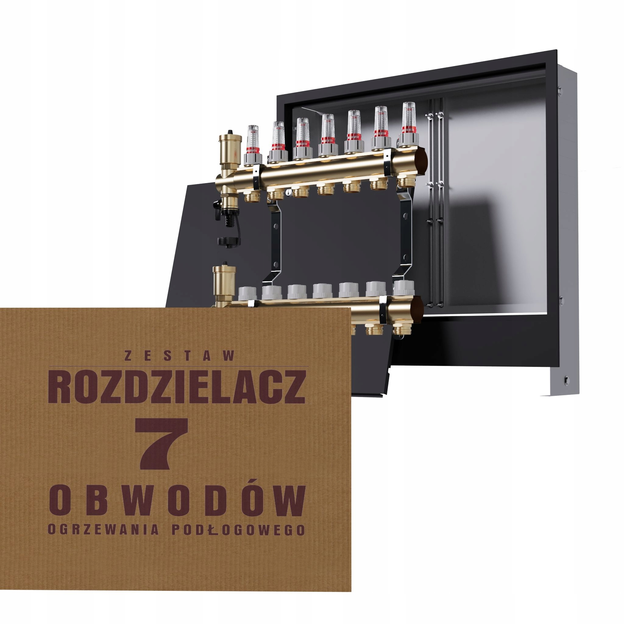 Rozdělovač pro 7-okruhovou mosaznou podlahu a podomítkový box, černý