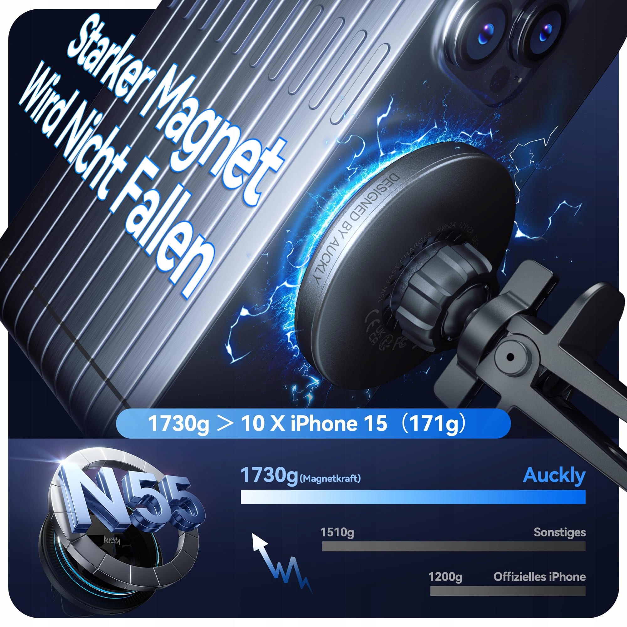 AUCKLY Magnetyczny Uchwyt Qi 15W Dla iPhone 16-12 Szybkie Ładowanie — miniatura 3