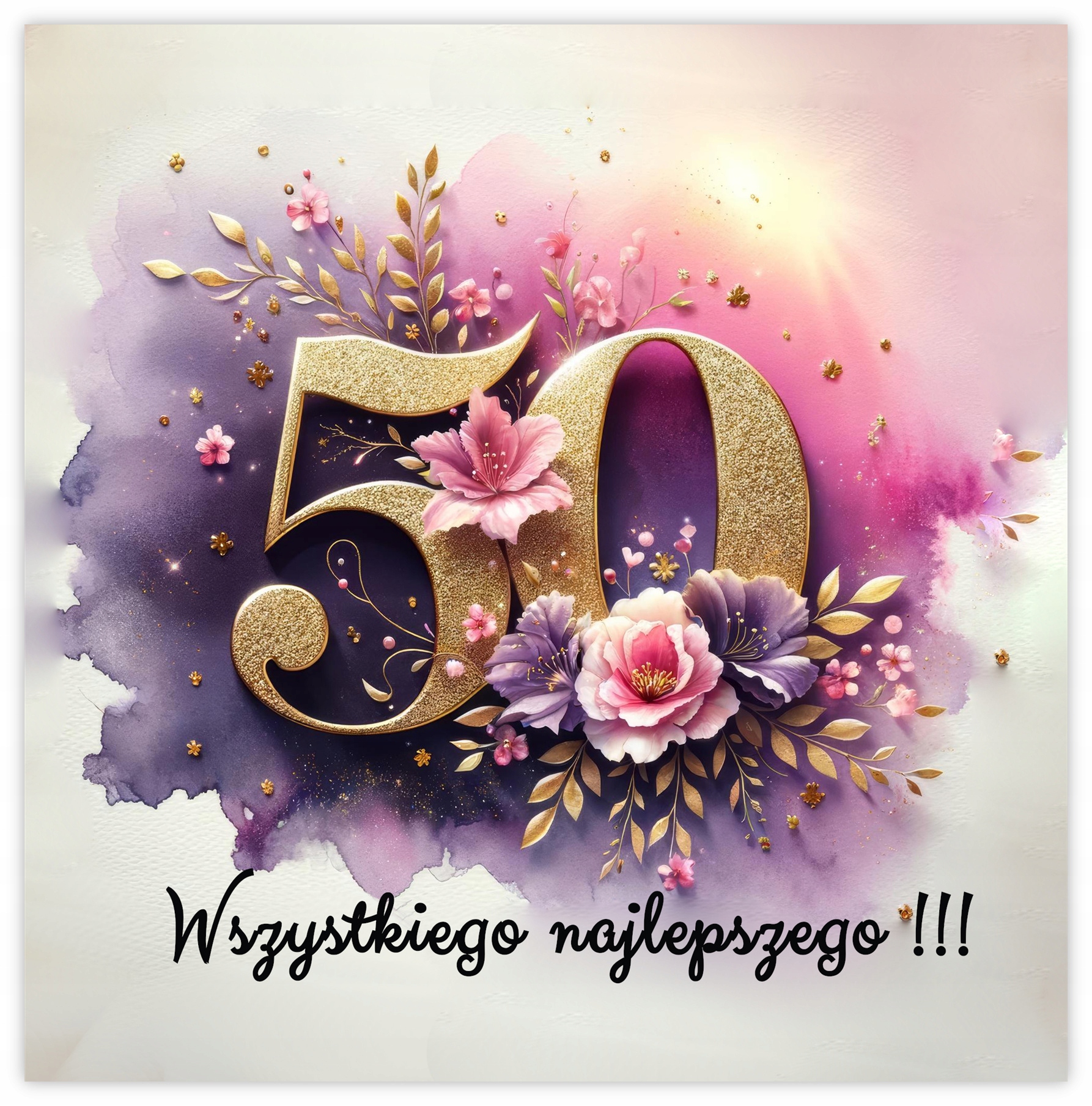 KARTKA NA 50 URODZINY RUSTYKALNA KWIATY WIANEK AKWARELE RÓŻOWA + KOPERTA