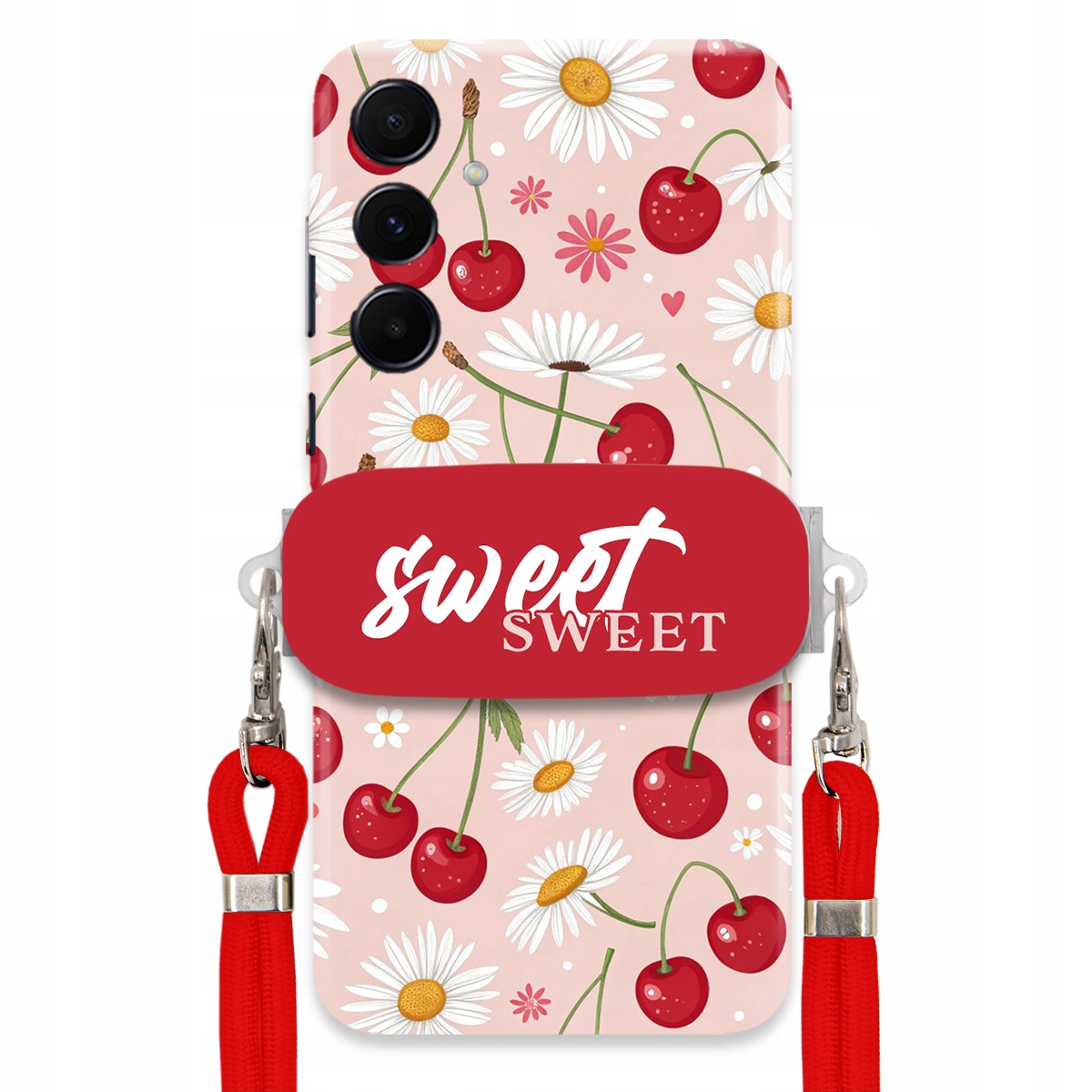 Pouzdro pro Samsung A55 5G Červené vodítko držák Crossbody Sweet Višňový Květ