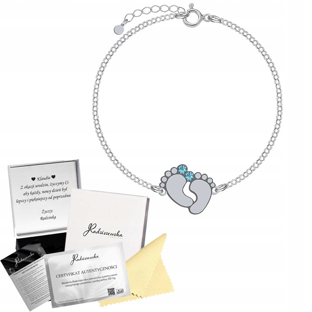 Stříbrný náramek s Nožičkami Dítěte Jméno dítěte Dárek Gravírování Bonus