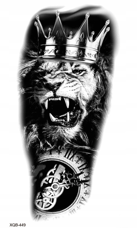 TATUAŻ TYMCZASOWY LEW W KORONIE I ZEGAR TATUAŻ ZMYWALNY WODOODPORNY 1 ark