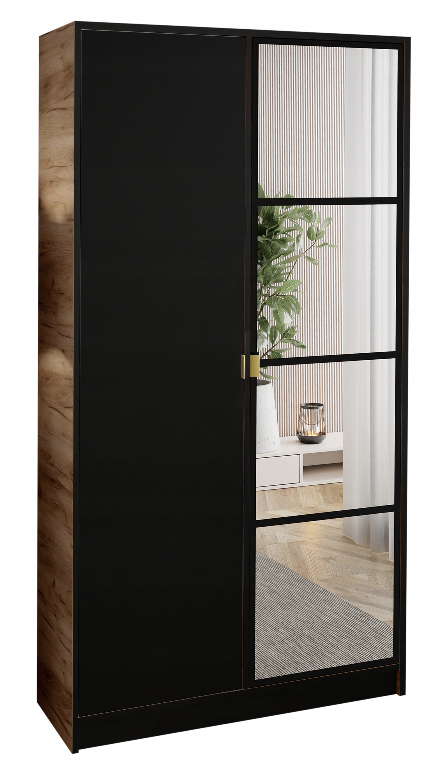 Skříň šatní Lumi 105 2D Dub C.+ Černá zrcadlo eden úchyt zł.