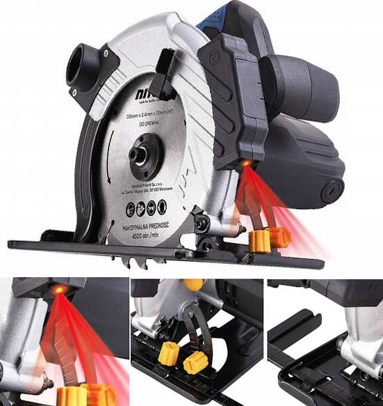 Piła tarczowa laserem Niteo Tools 1200W 185mm regul. kąta, szer. gł. cięcia