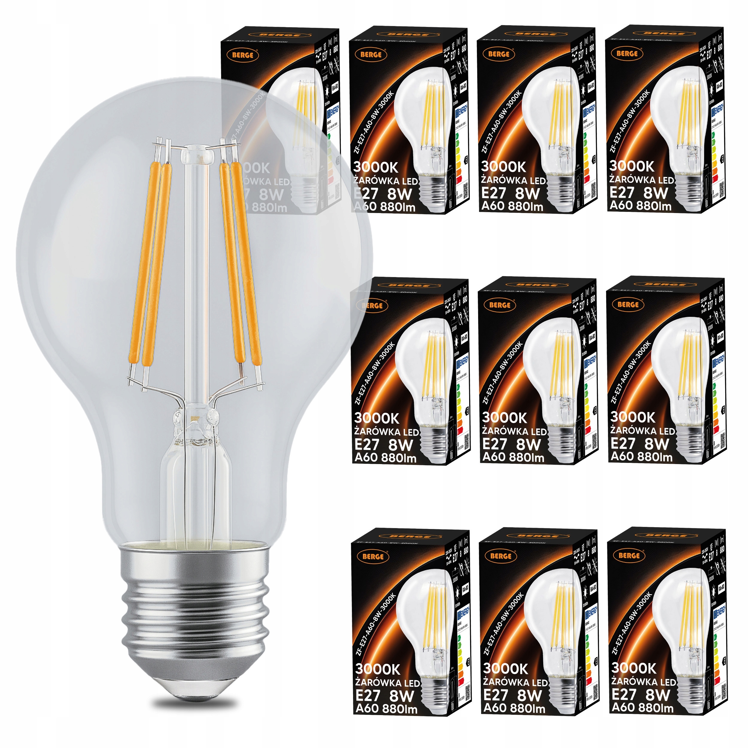 Led žárovka E27 A60 8W 75W 880lm 3000K Teplá žárovka Loftová sada 10x