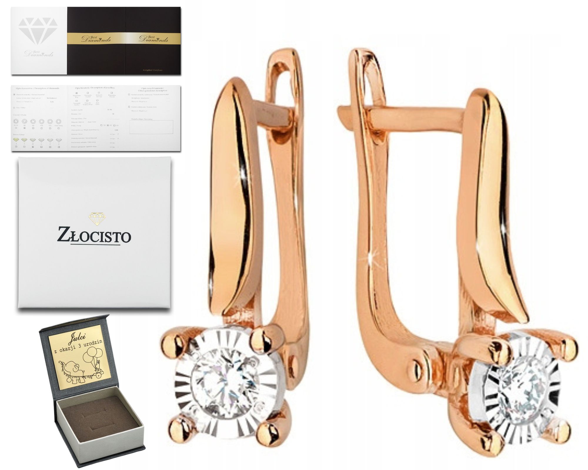 Náušnice V Růžovém Zlatě Diamanty 585 Gravírování