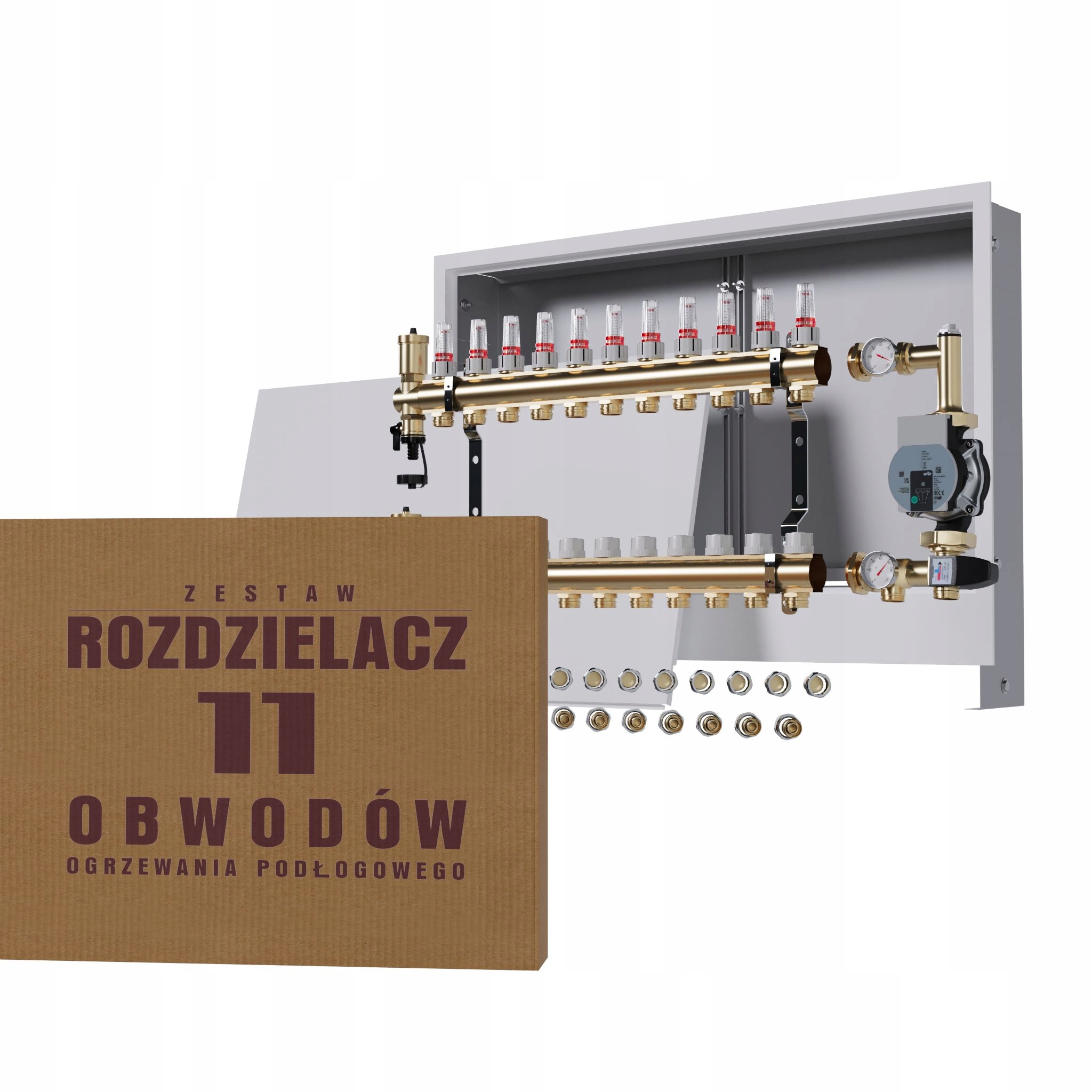 Rozdělovač pro podlahu 11 okruhů s čerpadlem Wilo podomítková skříňka +pex