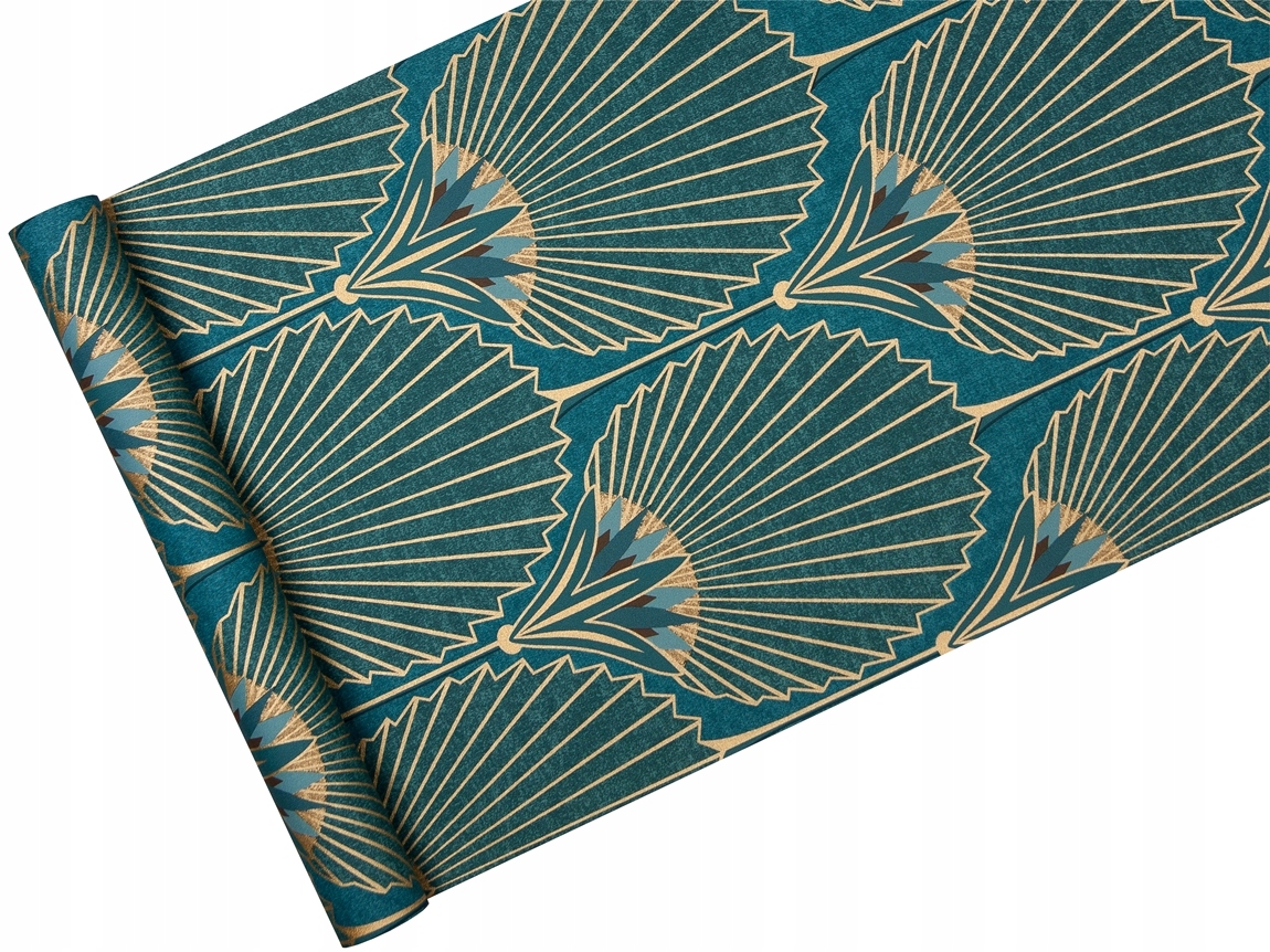 

Tapeta art-deco Turkusowa złote liście palmy