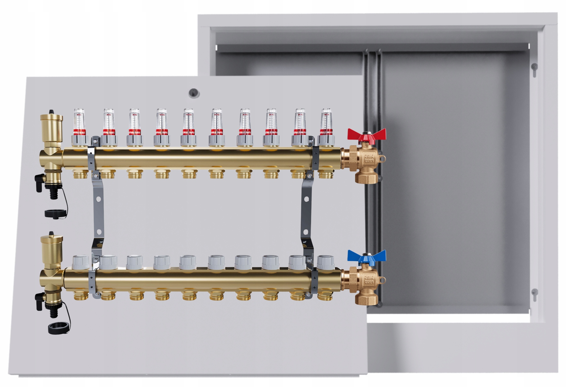 Rozdělovač mosazný podlahový 10 okruhů nástěnná skříňka Kulový Kohout