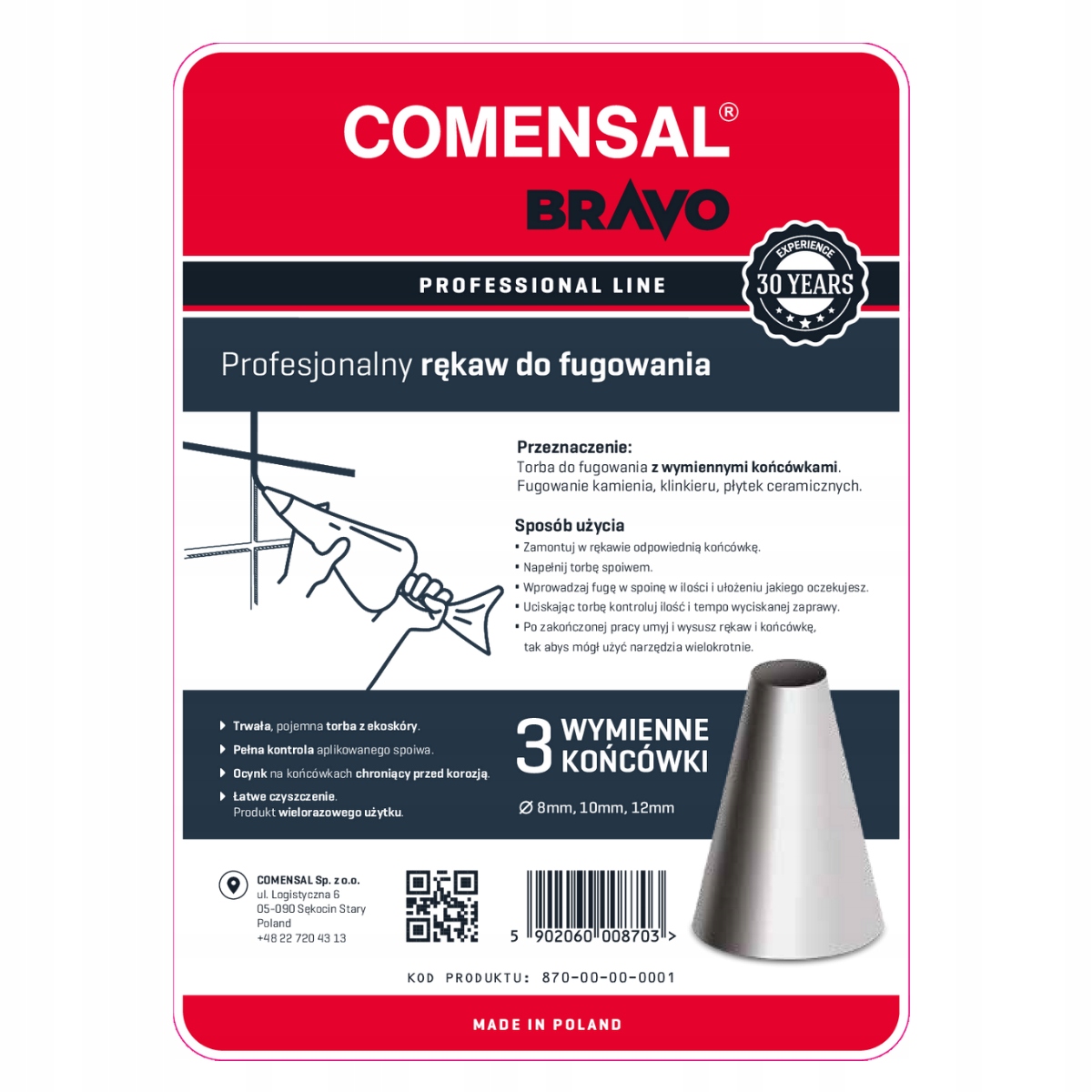 COMENSAL RĘKAW DO FUGOWANIA 3 KOŃCÓWKI 8-12 MM WIELORAZOWY TORBA FUGOWNICA Pojemność tub (ml) inna pojemność