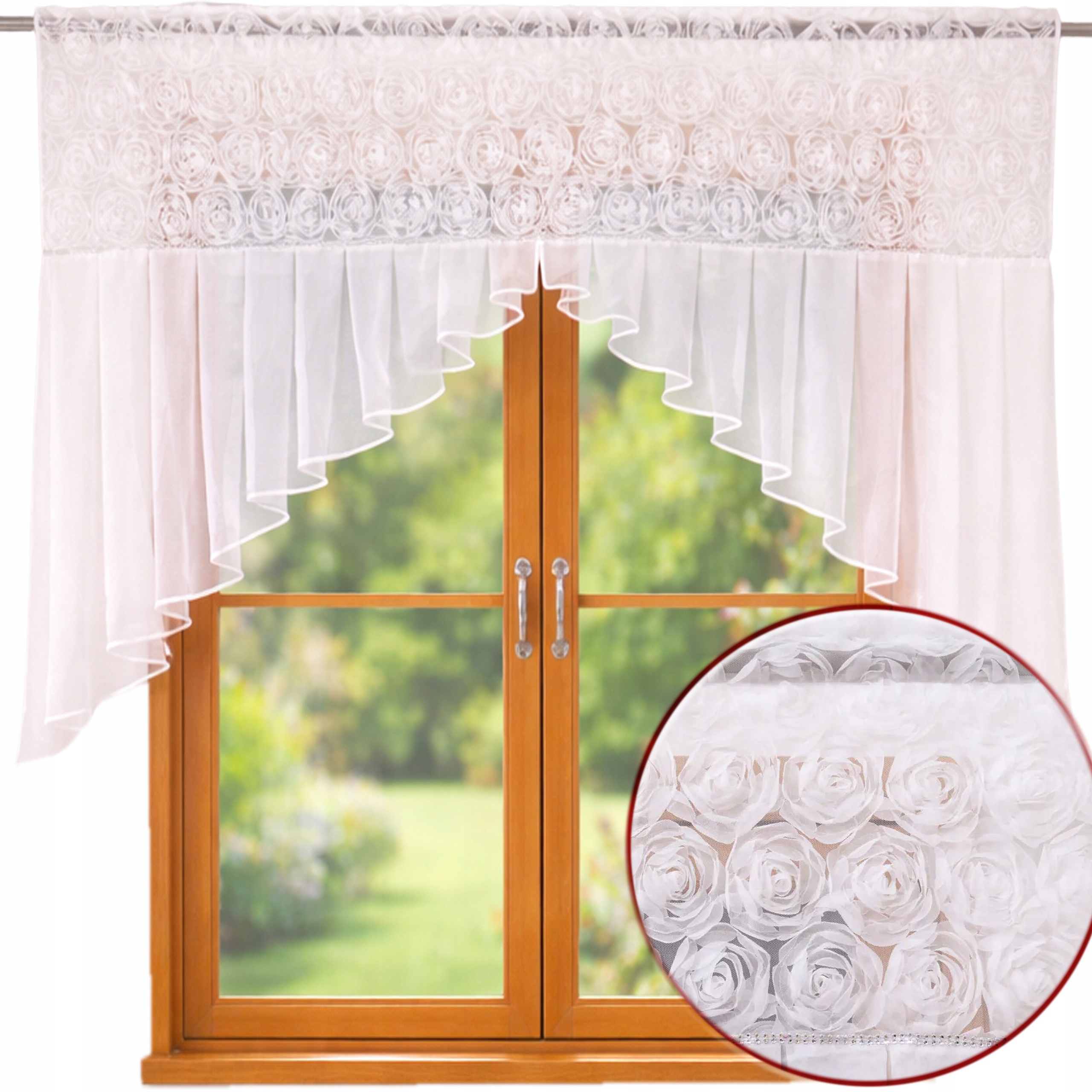 Firana Gotowa Woal Udekorowana Różami 3D Ciepły Biały 200x125 CM Na Taśmie
