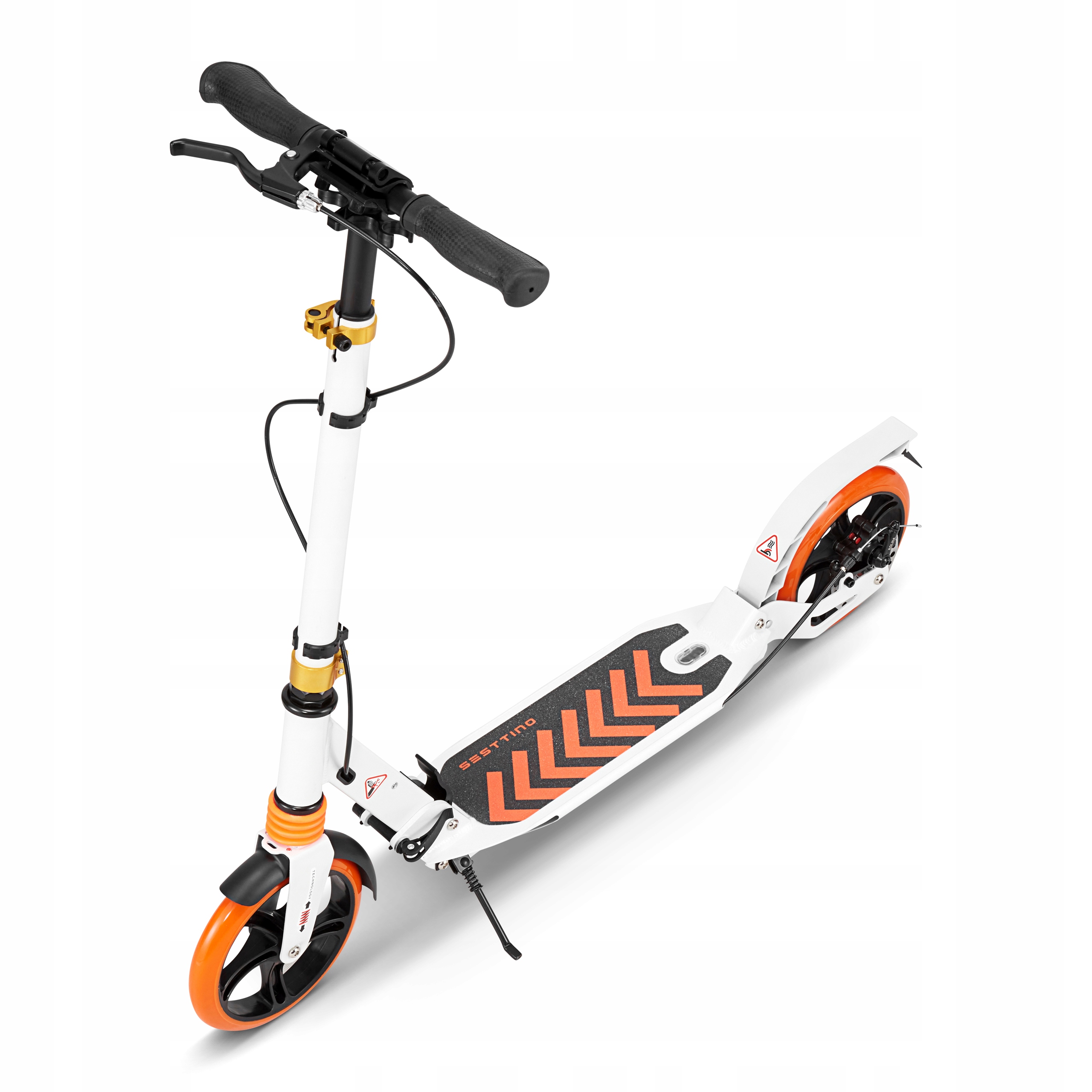 Duża Składana Hulajnoga Miejska Sesttino SHIRO Hamulec tarczowy AMORTYZACJA Kolor Biały Pomarańczowy