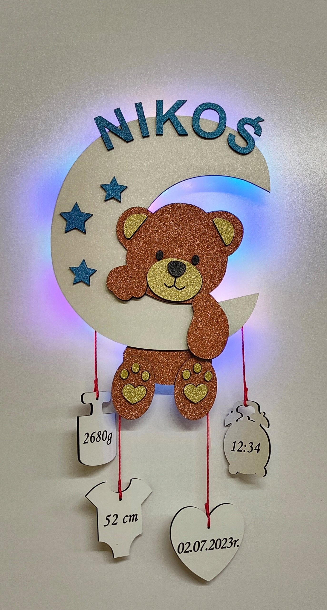 Lampka nocna Misio na półksiężycu metryczka imię dziecka brokatowy brązowy Kod producenta Słonik