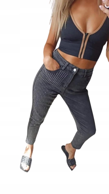 

Jeansy M.Sara szare cyrkonie na nogawce Denim