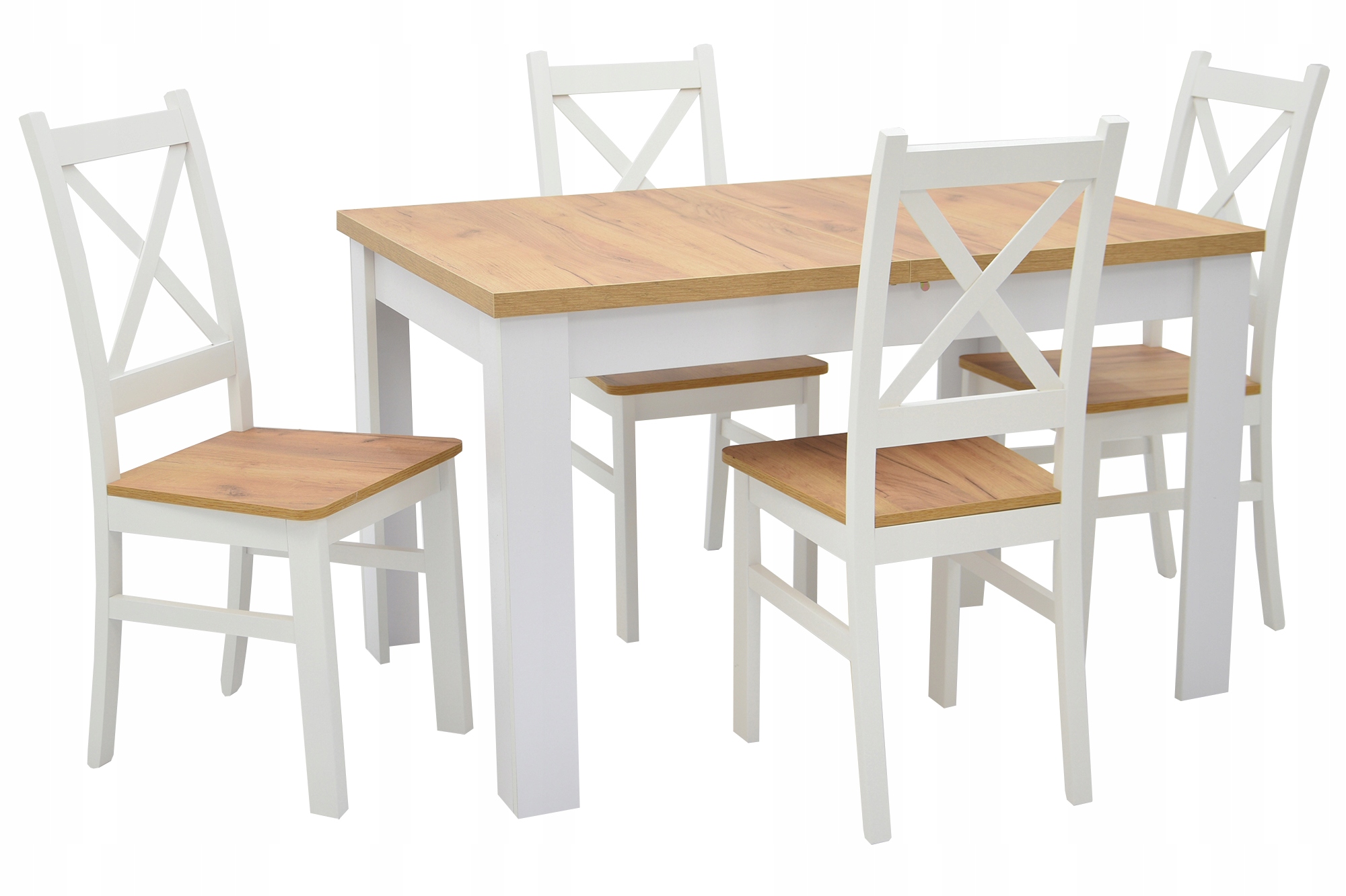 Biały Zestaw Stół rozkładany 80x120/160 i 4 krzesła Krzyżak Dąb Craft