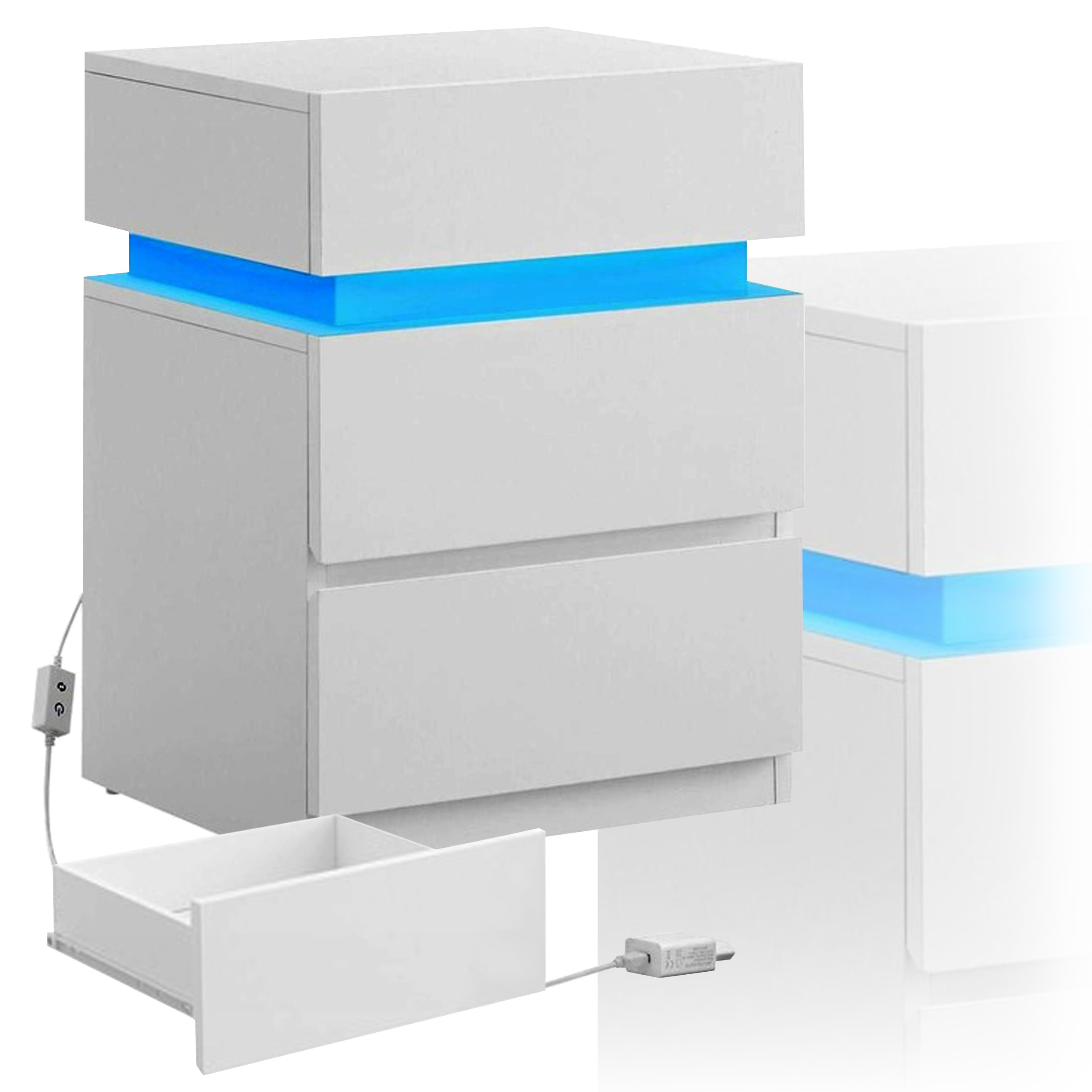 Moderný biely stolík nočná skrinka s Led osvetlením, 25 farieb, 3 zásuvky