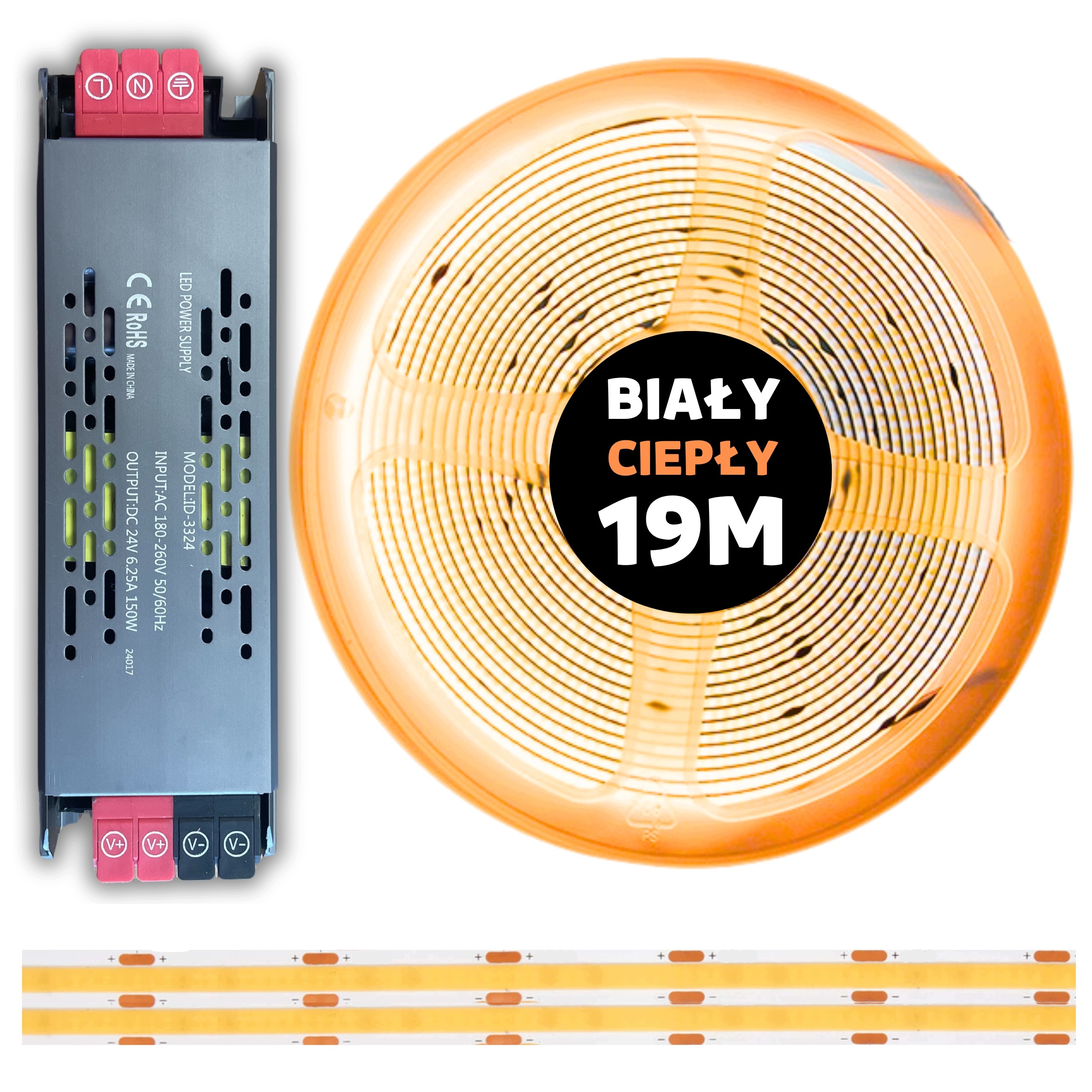 Set 19M Led pásek Cob 480 diod 3000K bílý teplý 24V 10W s napájecím zdrojem