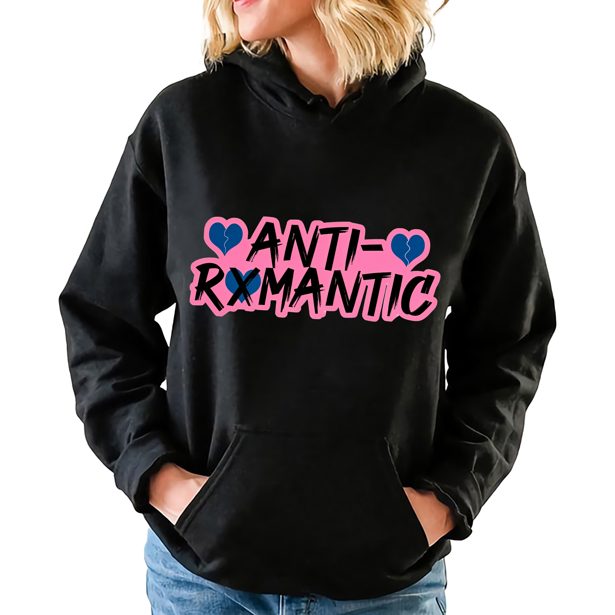 Černá mikina s kapucí Dárek pro ženy Anti-Romantic Velikost S