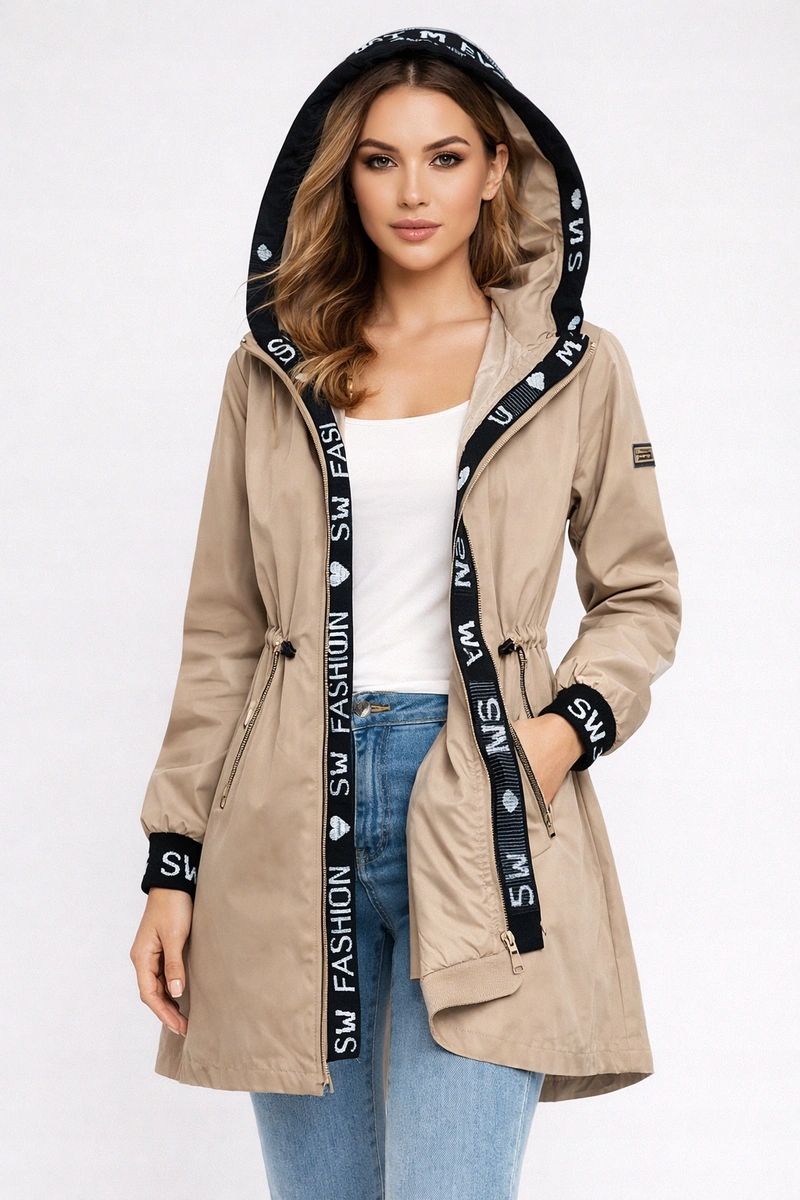 Tenká Dámská Bunda Kapuce B8018 Béžová XXL (44)