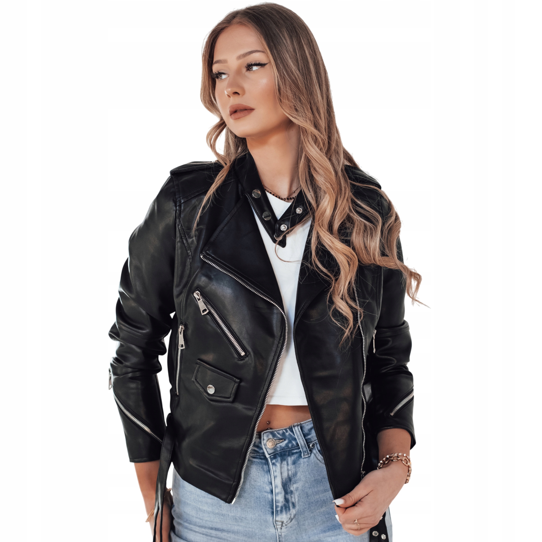 Kurtka skórzana z kołnierzem damska ramoneska czarna TY4180 M
