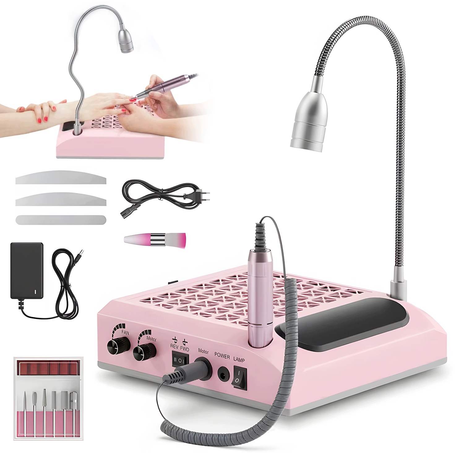 Frezarka do paznokci 80W z lampą Led pochłaniacz pyłu manicure różowa