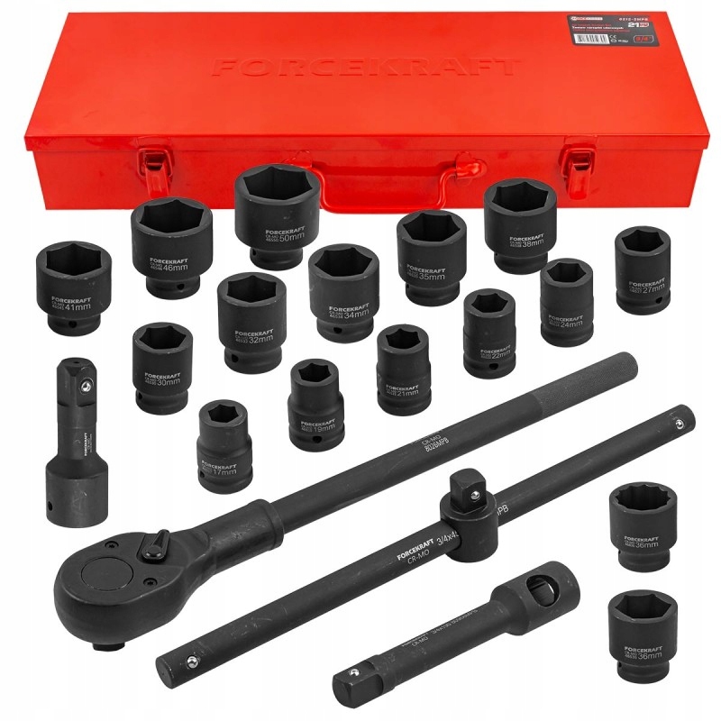 Klucze Nasadowe Udarowe 3/4'' 6-Kąt 17-50mm Walizka metalowa