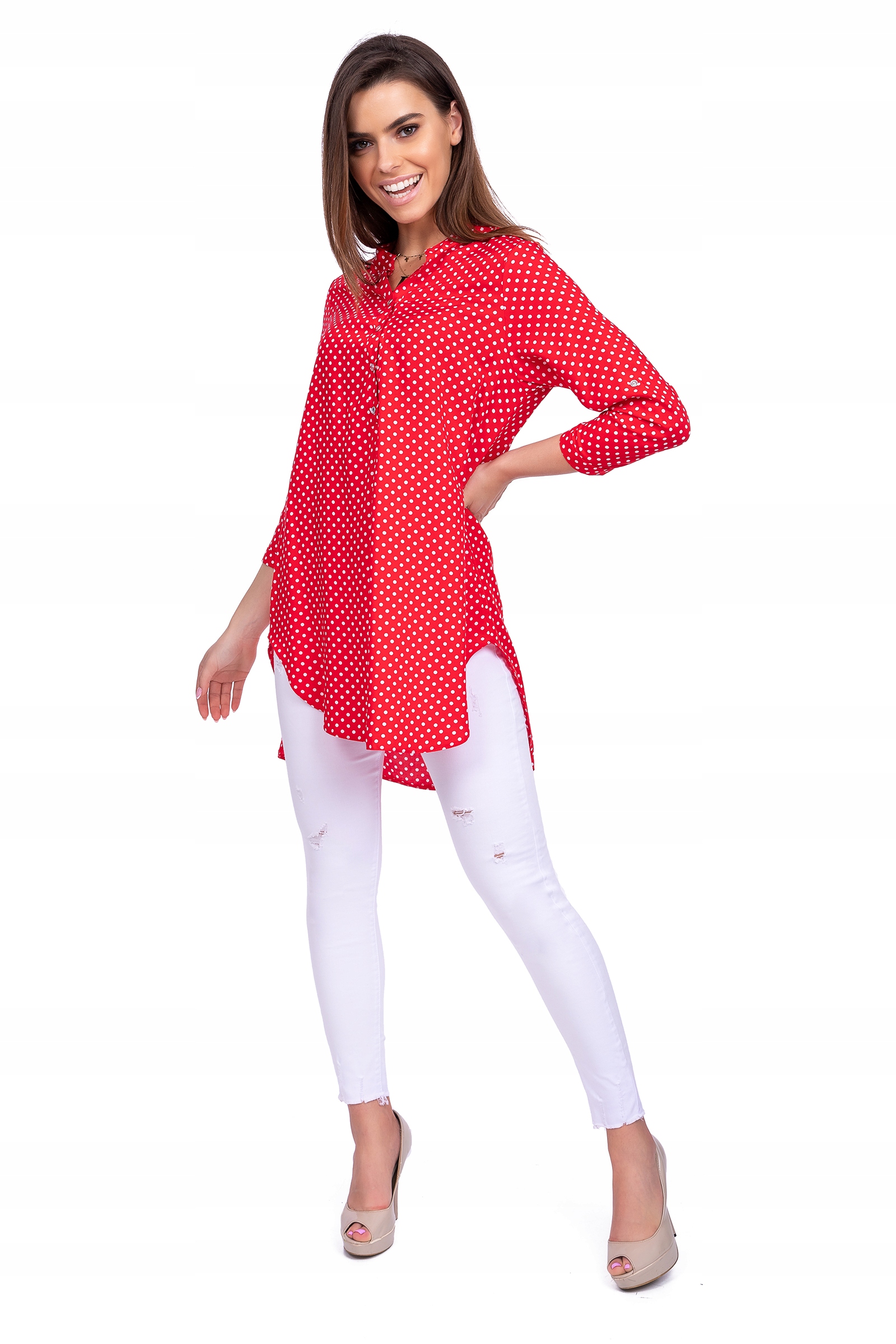 Luźna elegancka TUNIKA OVERSIZE groszki roz - 54 Fason oversize