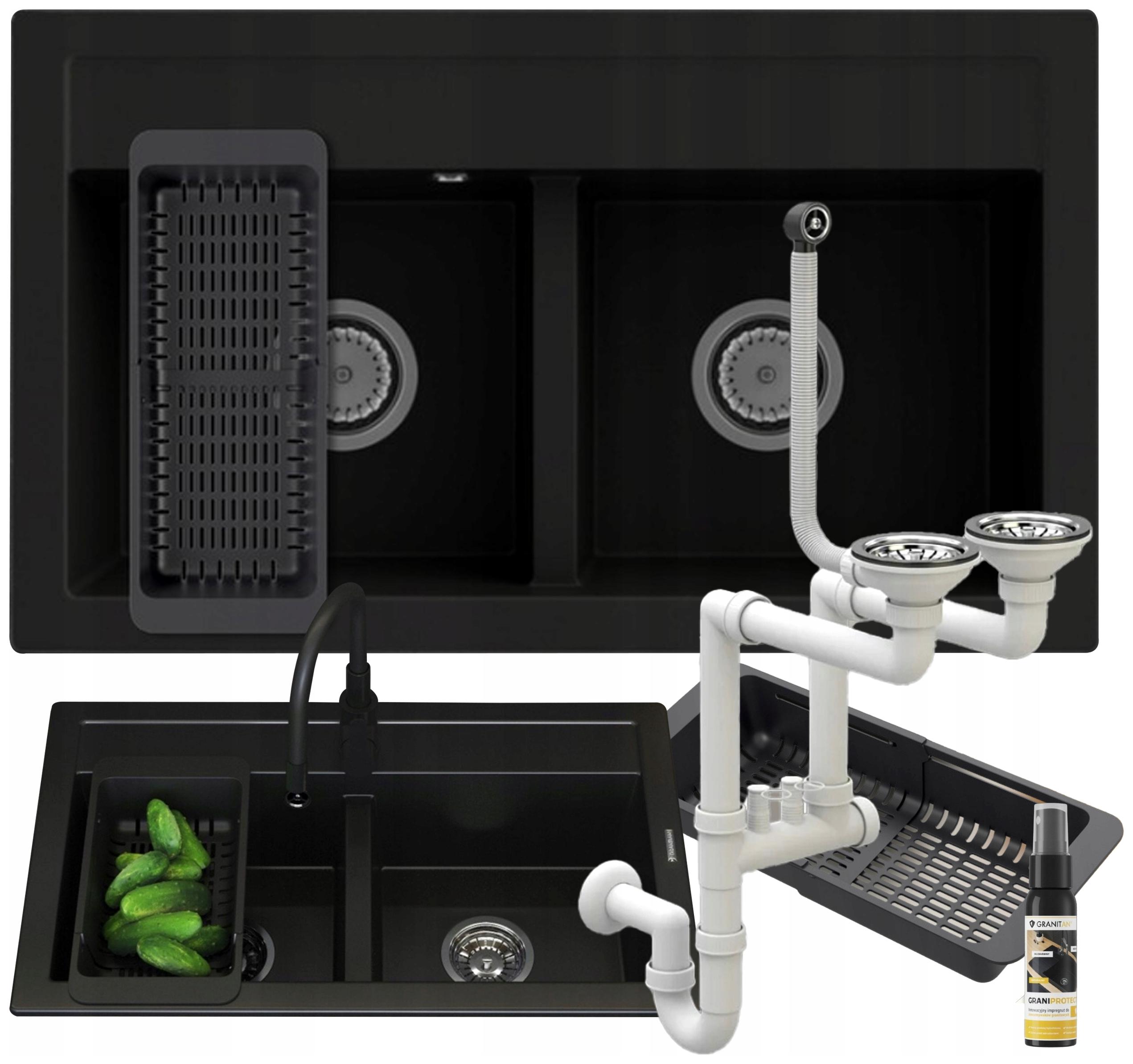 Granitový drez Dvojkomorový, čierny s odkvapkávačom Duet, sifón chróm