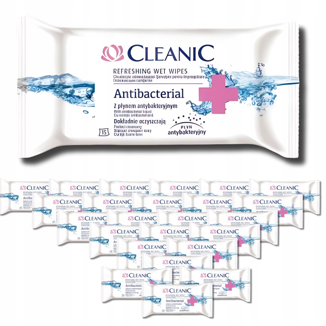 Chusteczki odświeżające z płynem antybakteryjnym Cleanic (15 sztuk) x 24