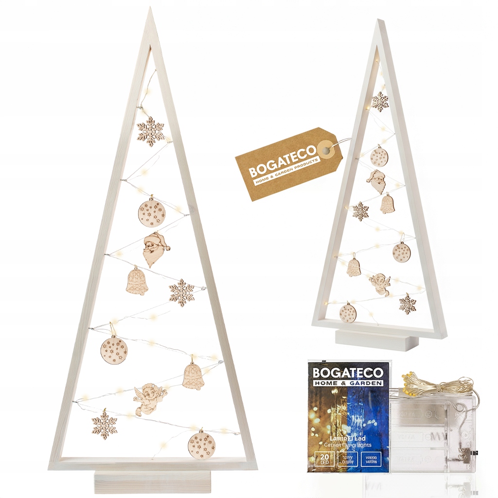 Dřevěný Vánoční Stromek 104 cm Stojící Ozdobný Led S Ozdobami Bílý