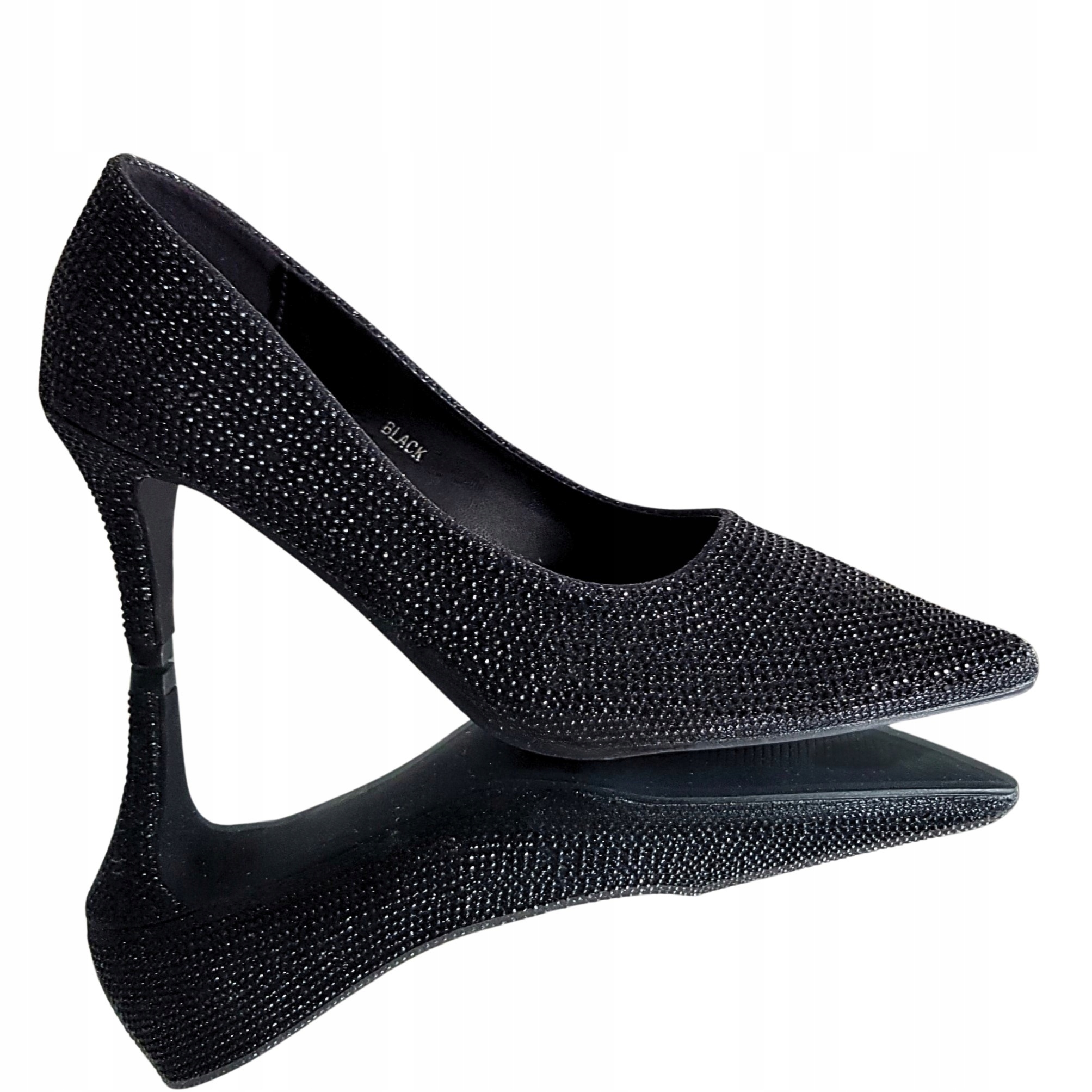 Czarne Buty Czółenka Glamour Niskie 6,5 Cm Szpilki Brokat Cyrkonie 40